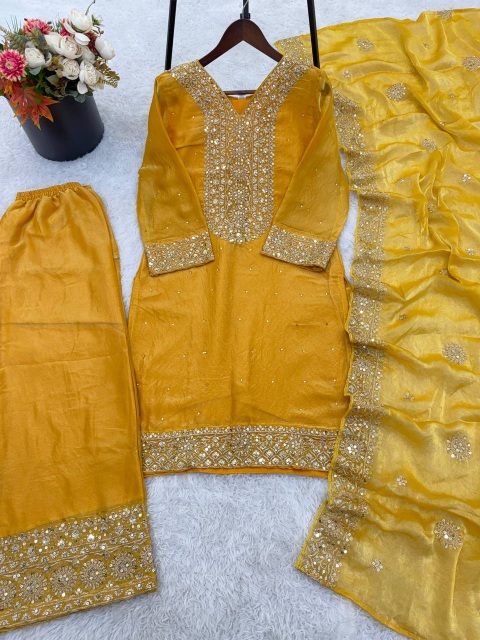 Yellow Festive Embroidered Pure Fendy Silk Palazzo Suit