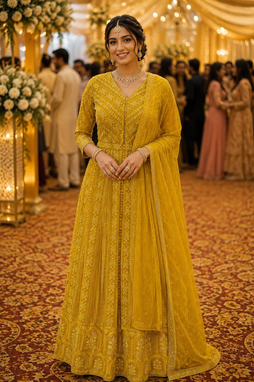 Yellow Floral Chikankari Premium Real Georgette Gown