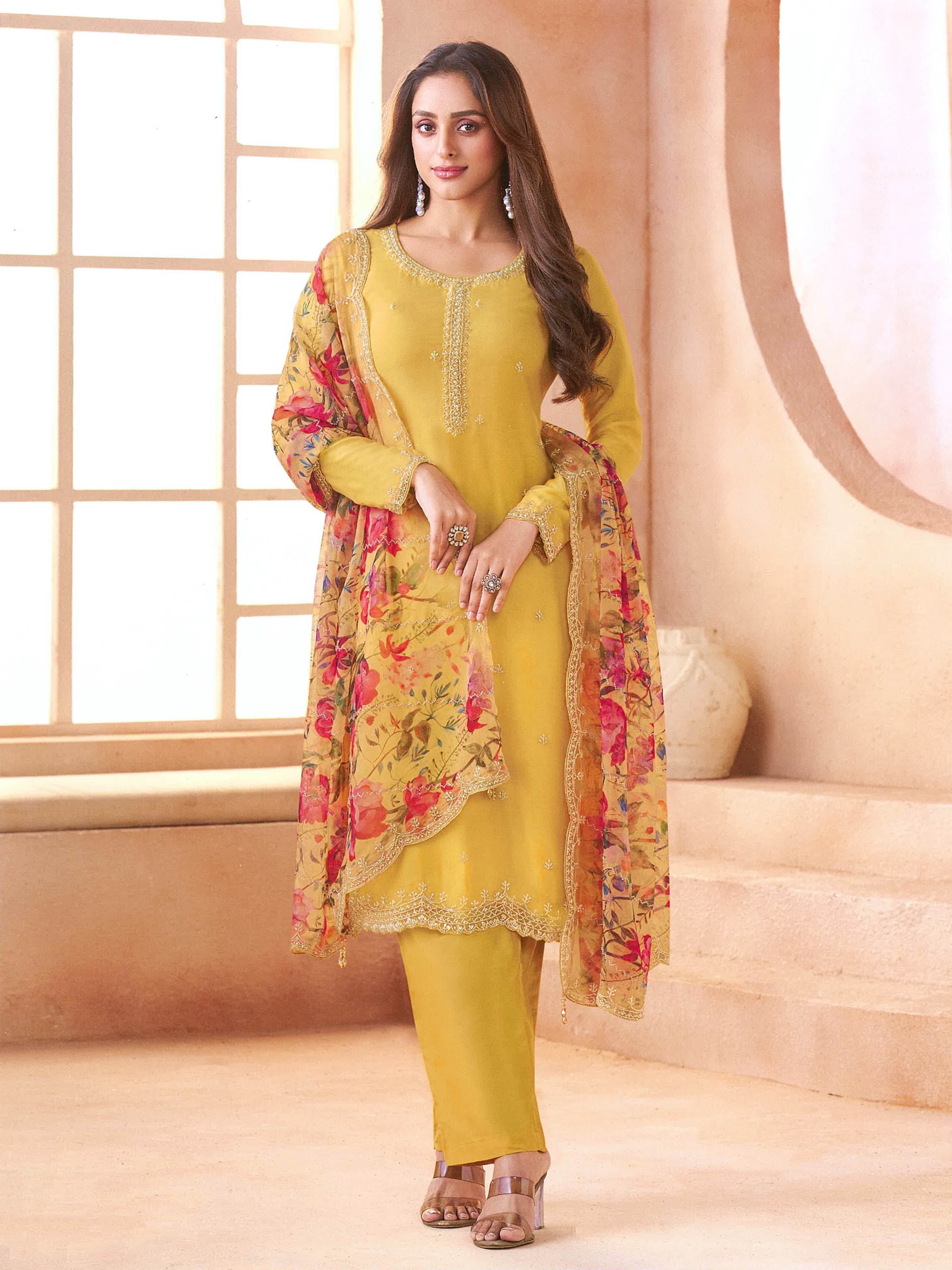 Yellow Floral Designer Embroidery Chiffon Salwar Suit