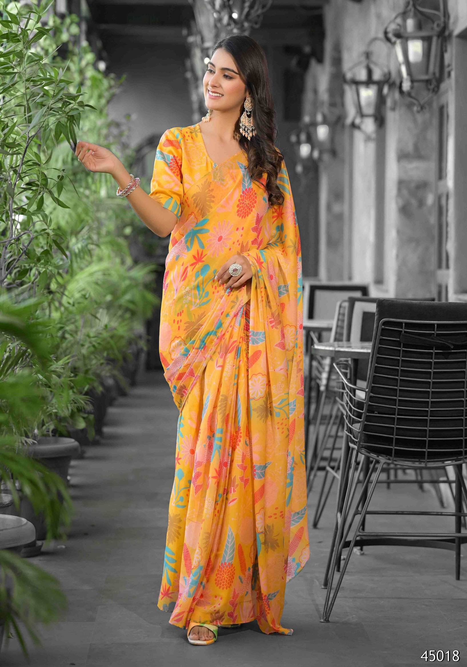 Yellow Floral Digital Georgette Saree Gown