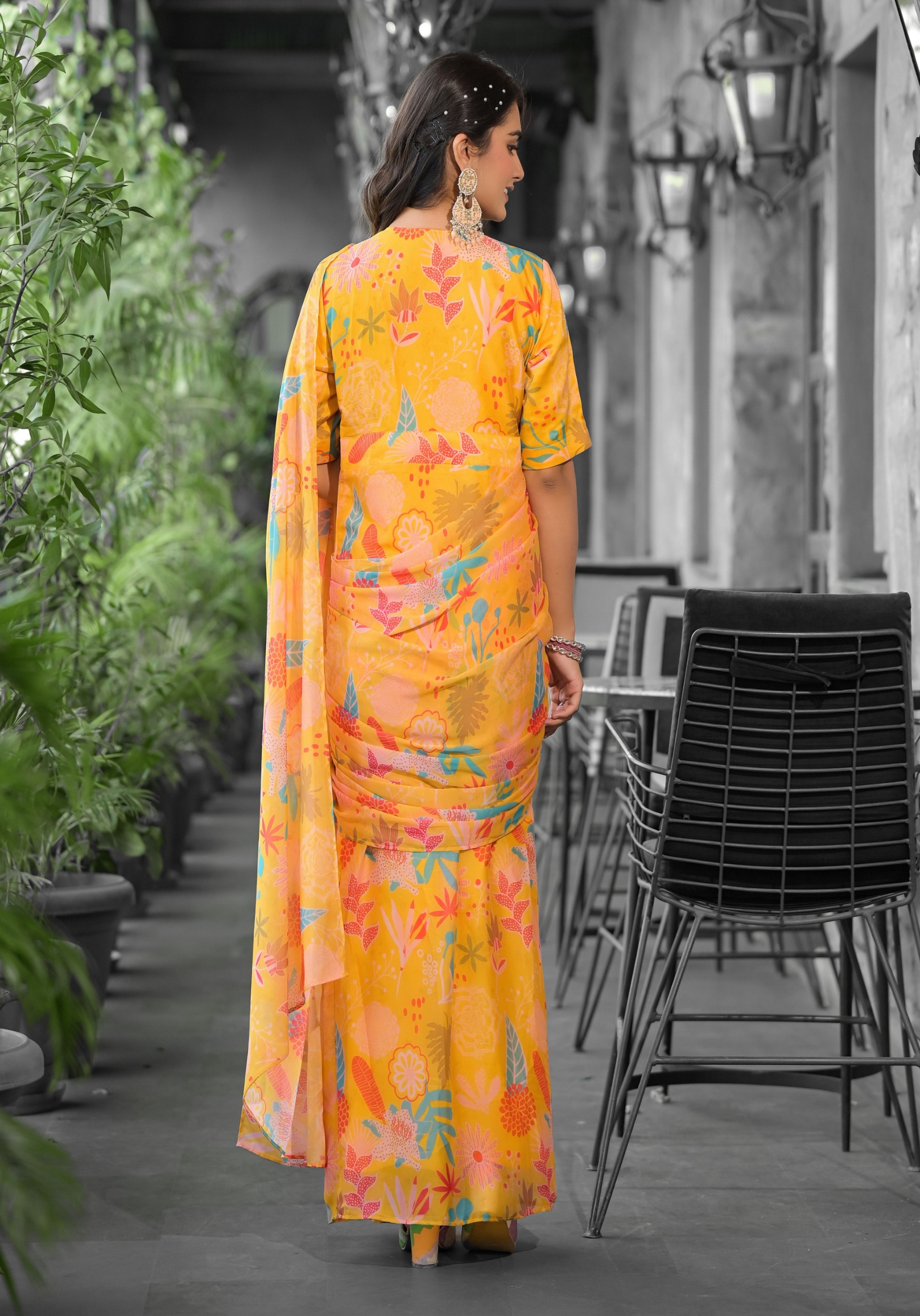Yellow Floral Digital Georgette Saree Gown — alternate view