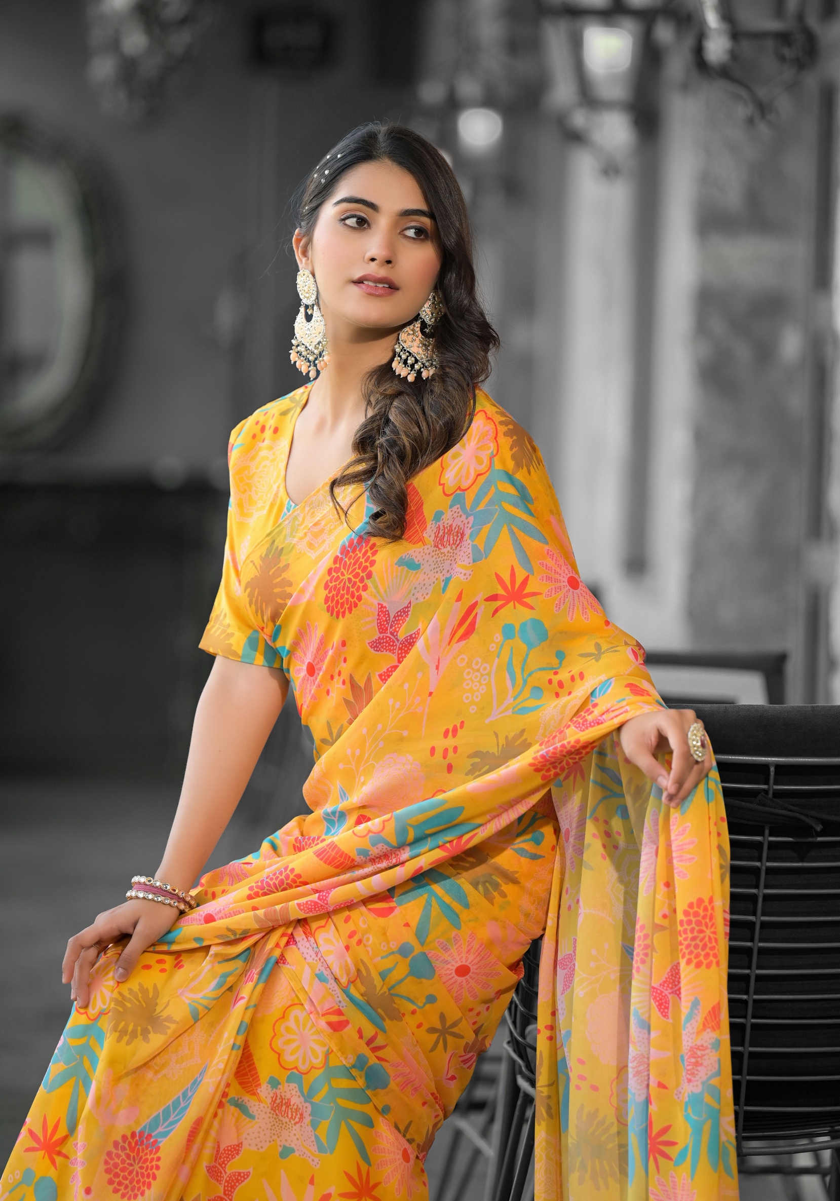 Yellow Floral Digital Georgette Saree Gown