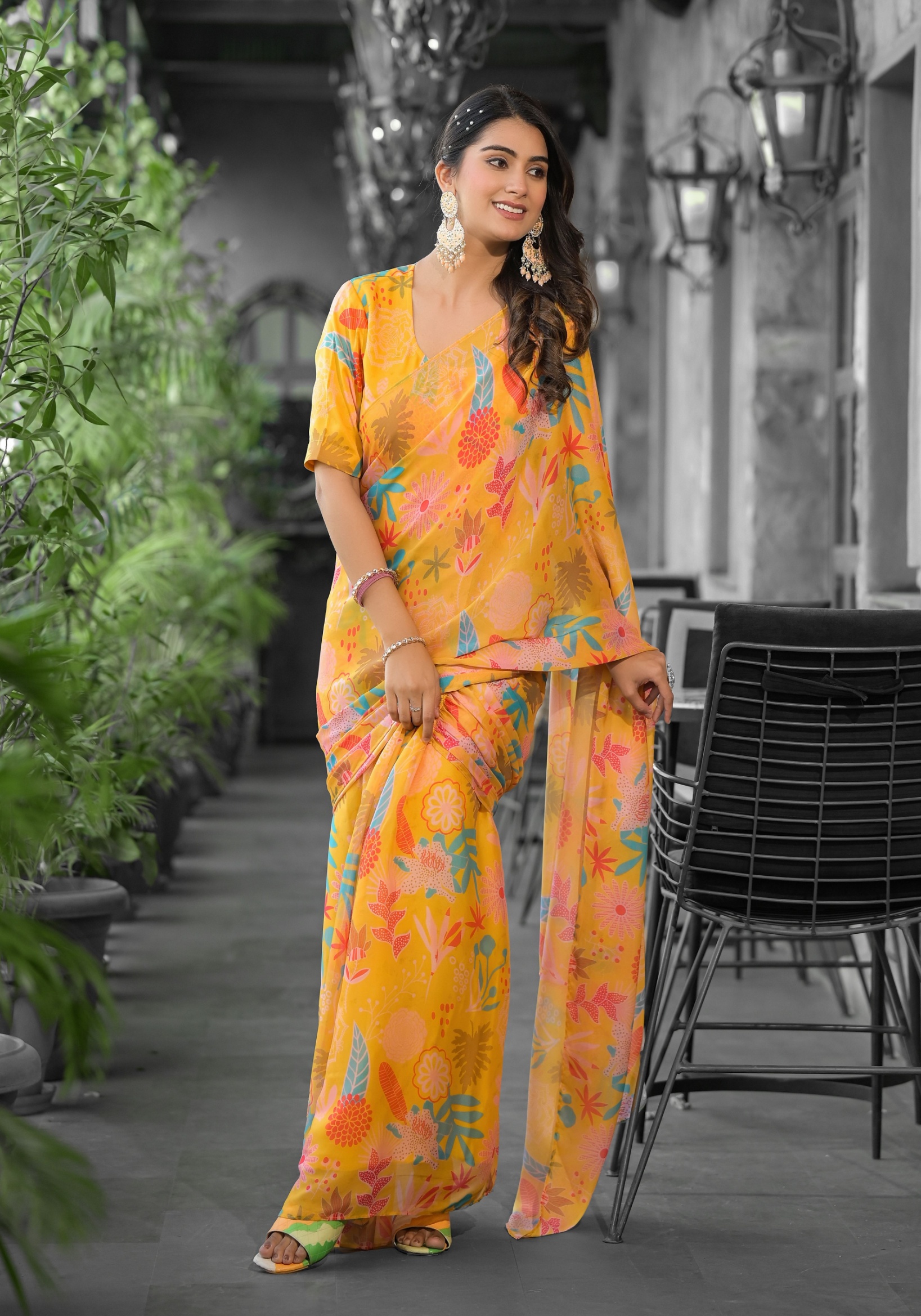 Yellow Floral Digital Georgette Saree Gown