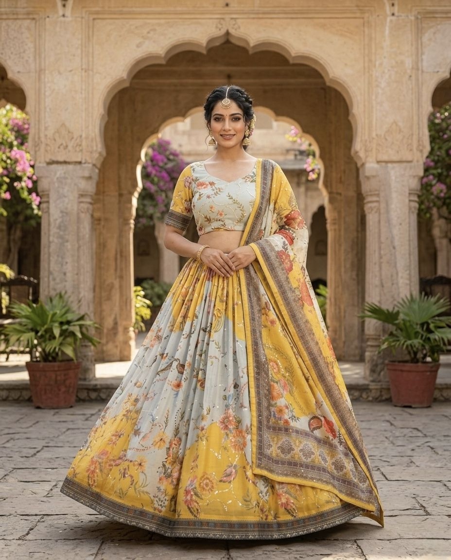Yellow Floral Digital Tabby Silk Heritage Lehenga Choli