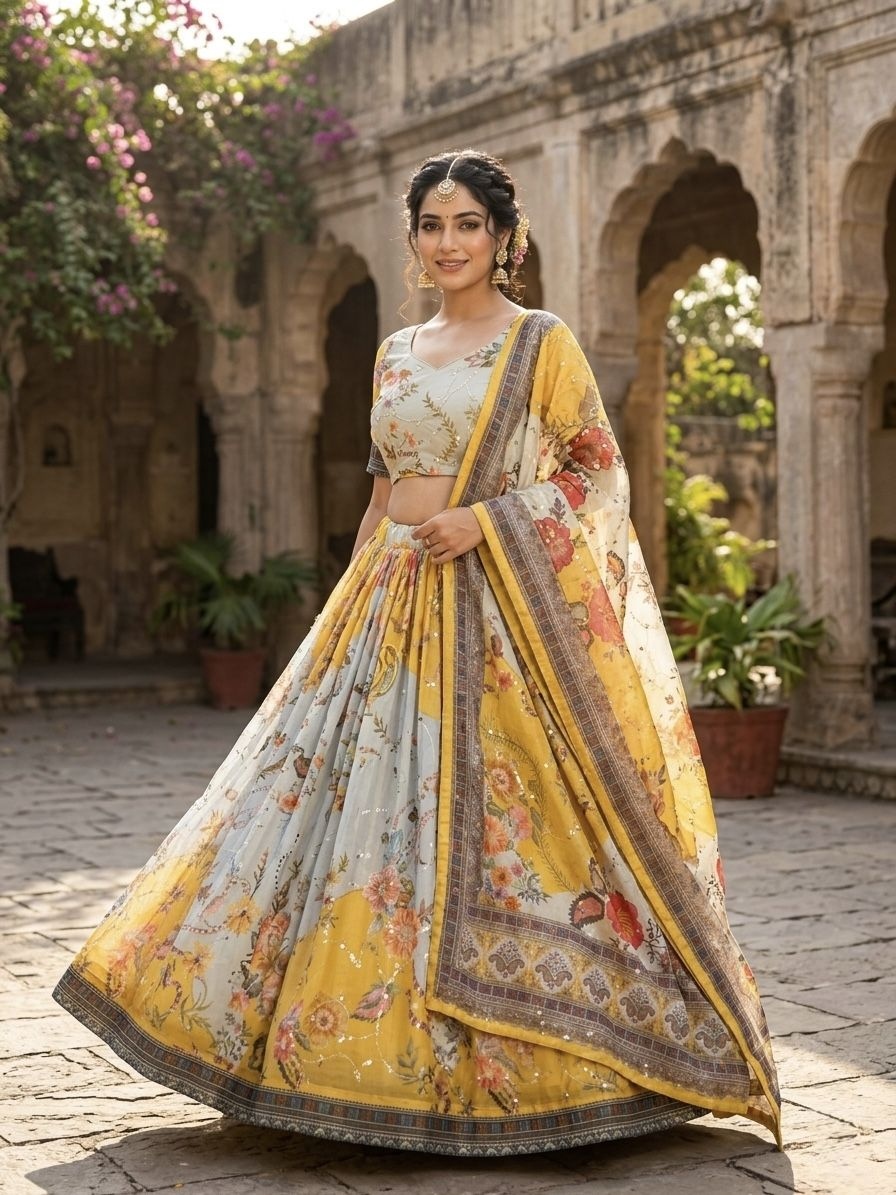 Yellow Floral Digital Tabby Silk Heritage Lehenga Choli — alternate view