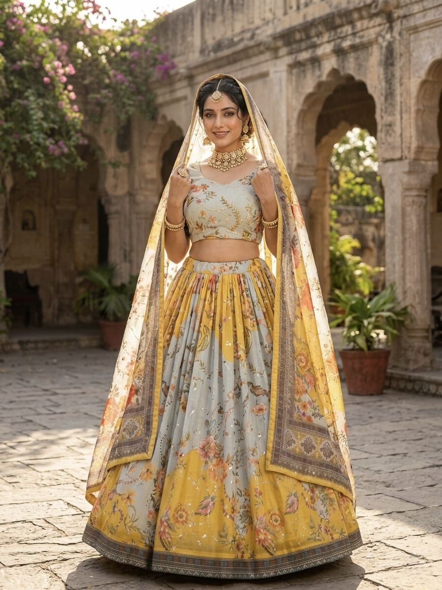 Yellow Floral Digital Tabby Silk Heritage Lehenga Choli