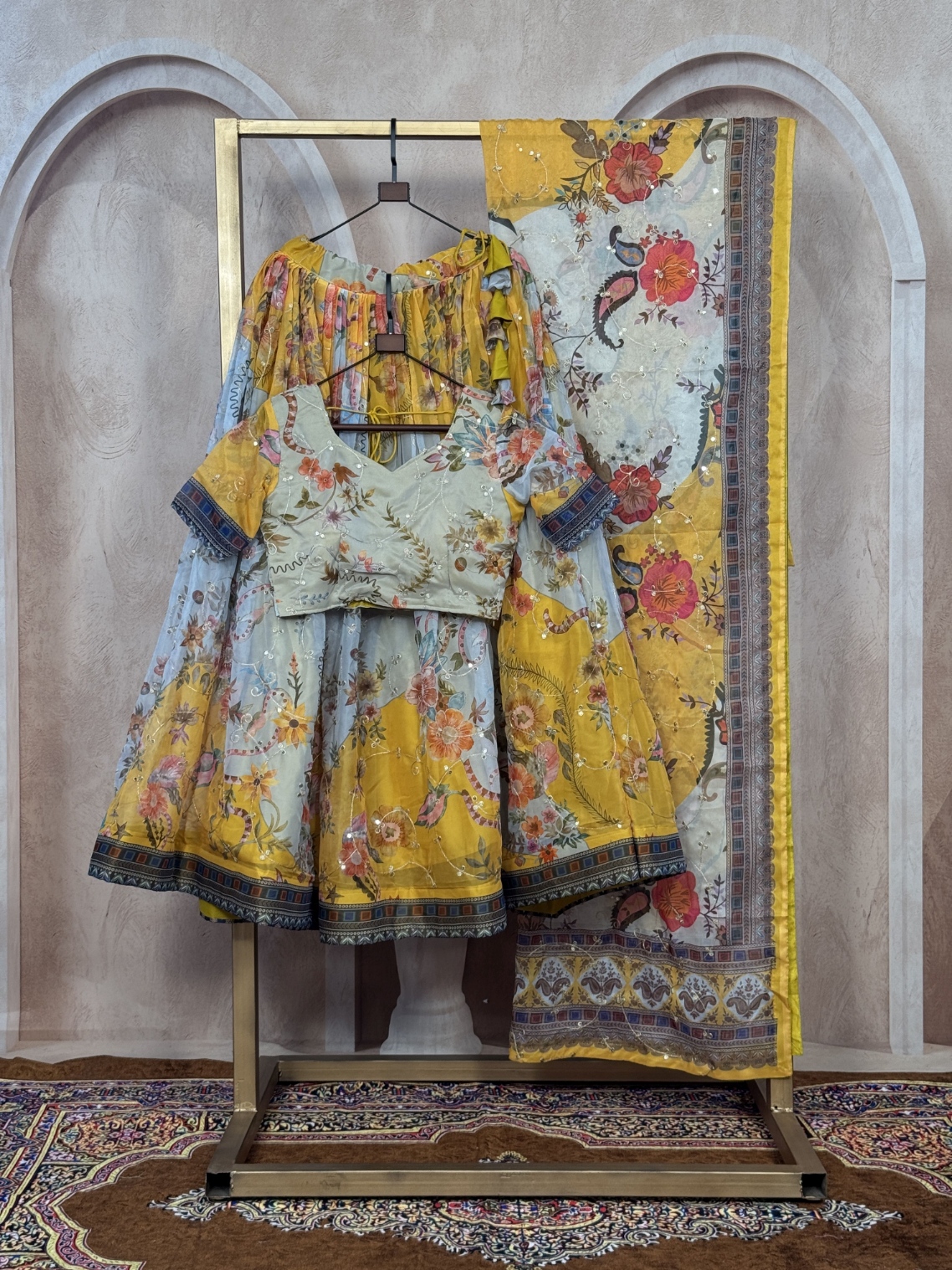 Yellow Floral Digital Tabby Silk Heritage Lehenga Choli