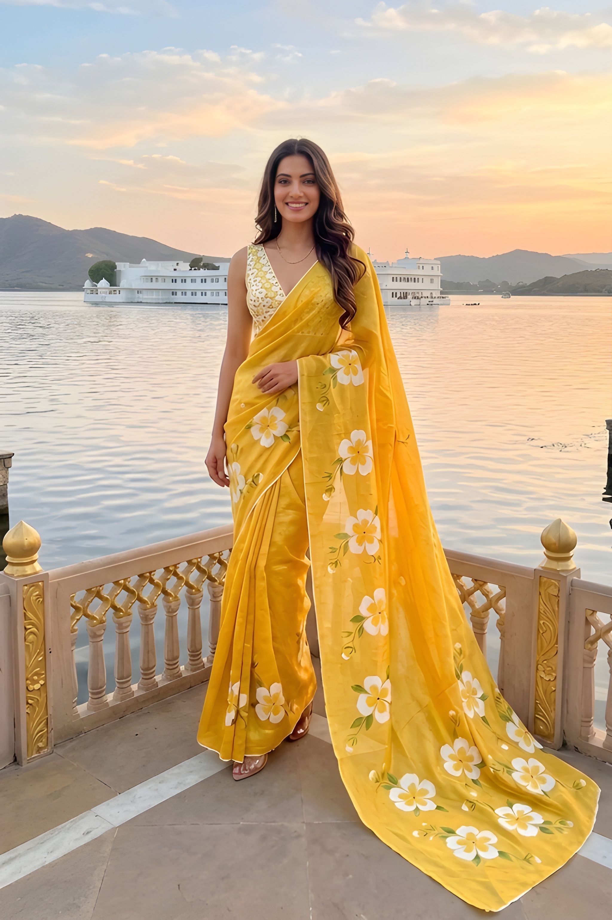 Yellow Floral Drsigner Printed Silver Cotton Saree