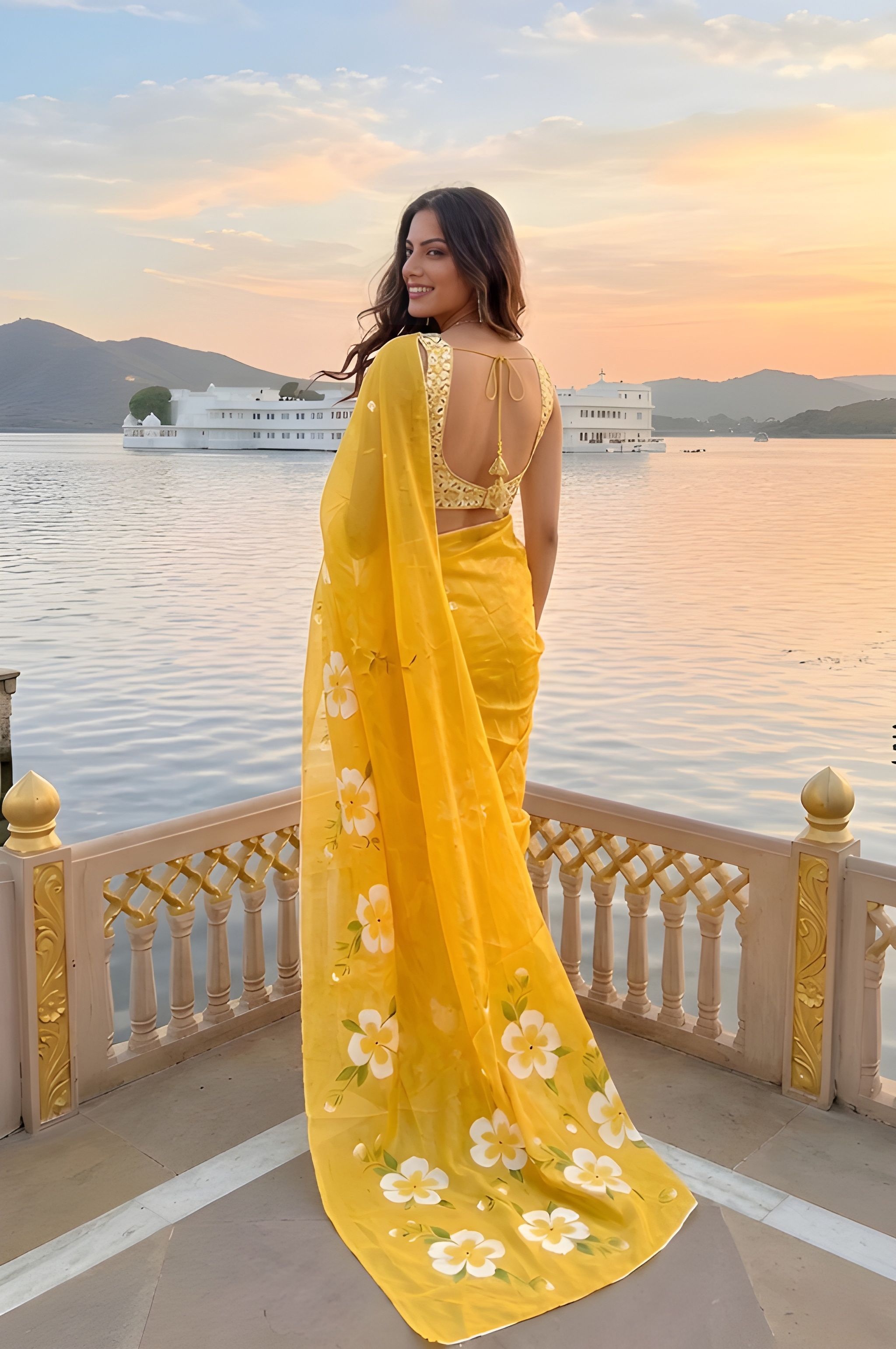 Yellow Floral Drsigner Printed Silver Cotton Saree — alternate view