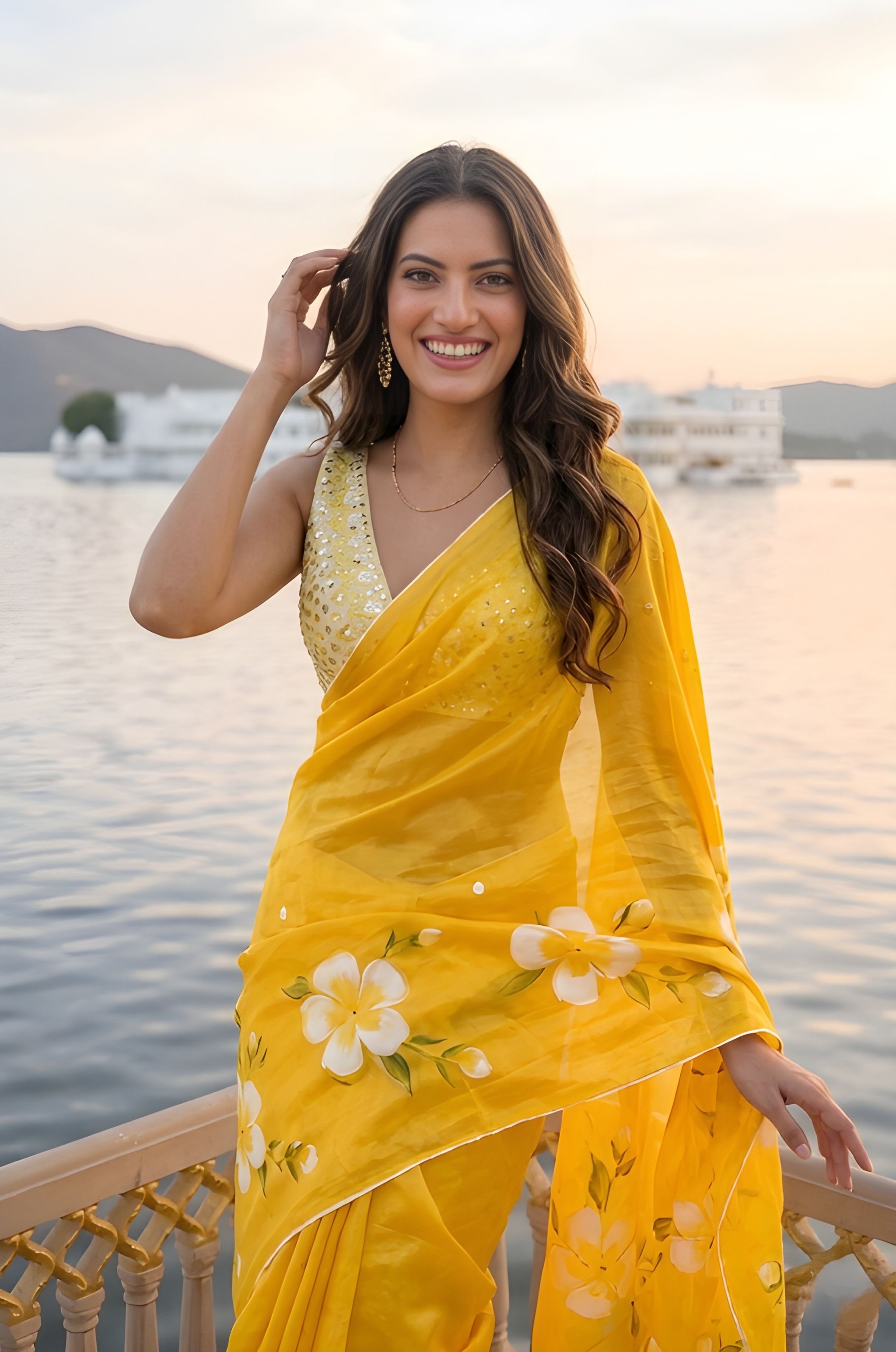 Yellow Floral Drsigner Printed Silver Cotton Saree