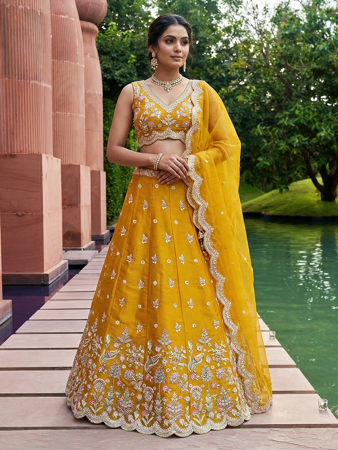 Yellow Floral Embroidered Bridal Lehenga Choli