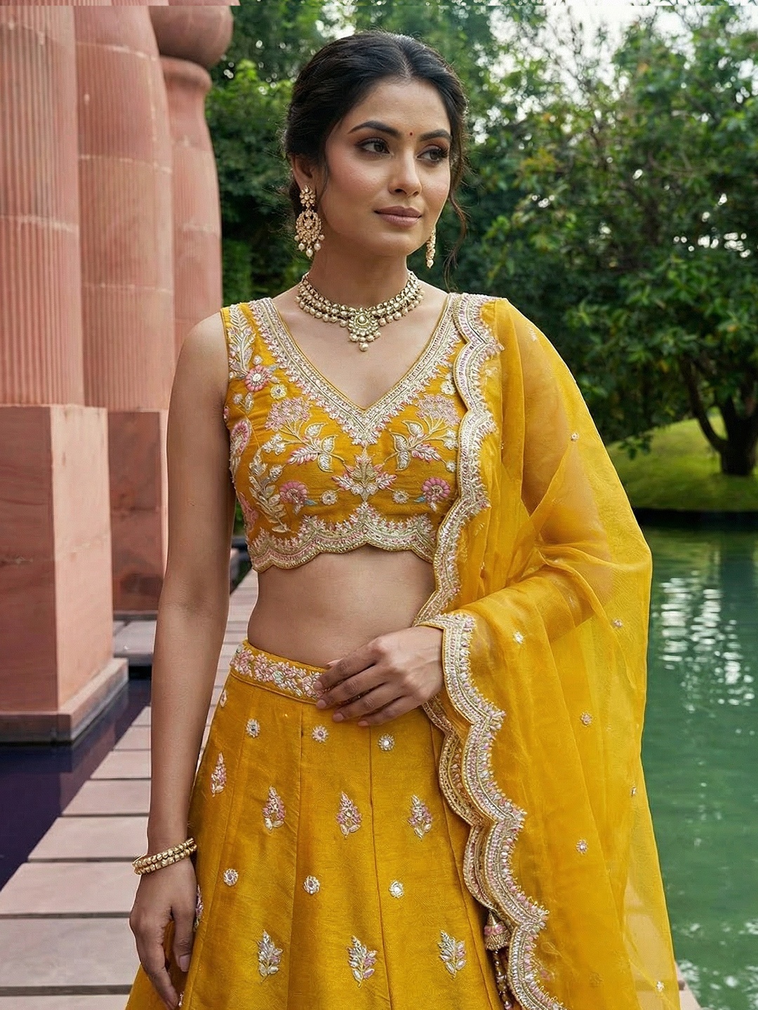 Yellow Floral Embroidered Bridal Lehenga Choli