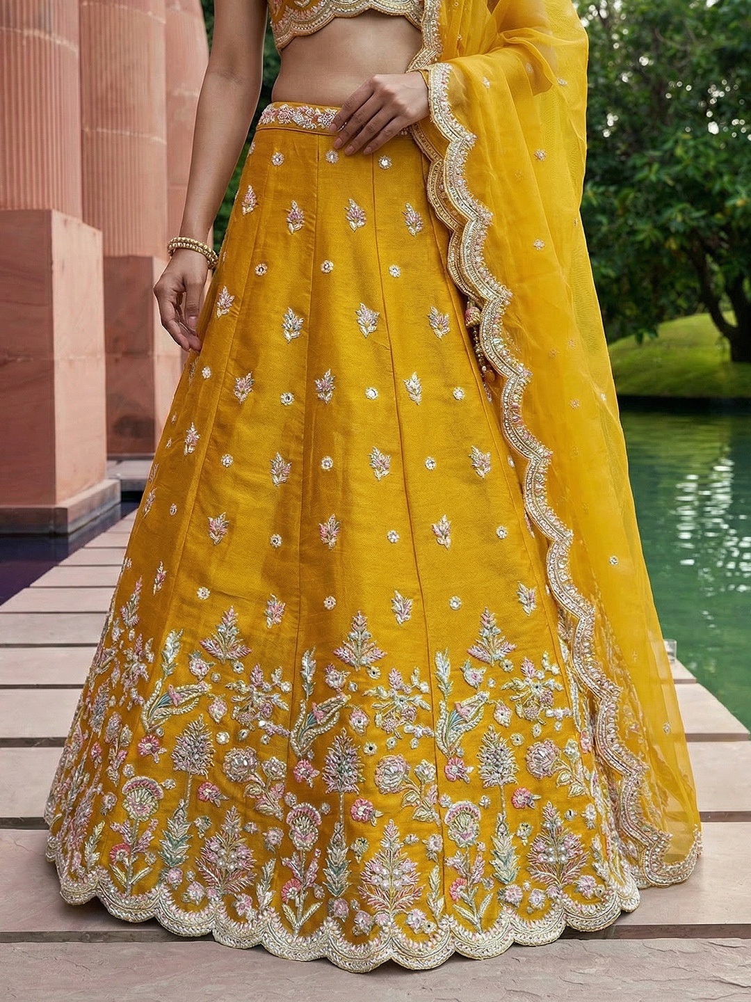 Yellow Floral Embroidered Bridal Lehenga Choli