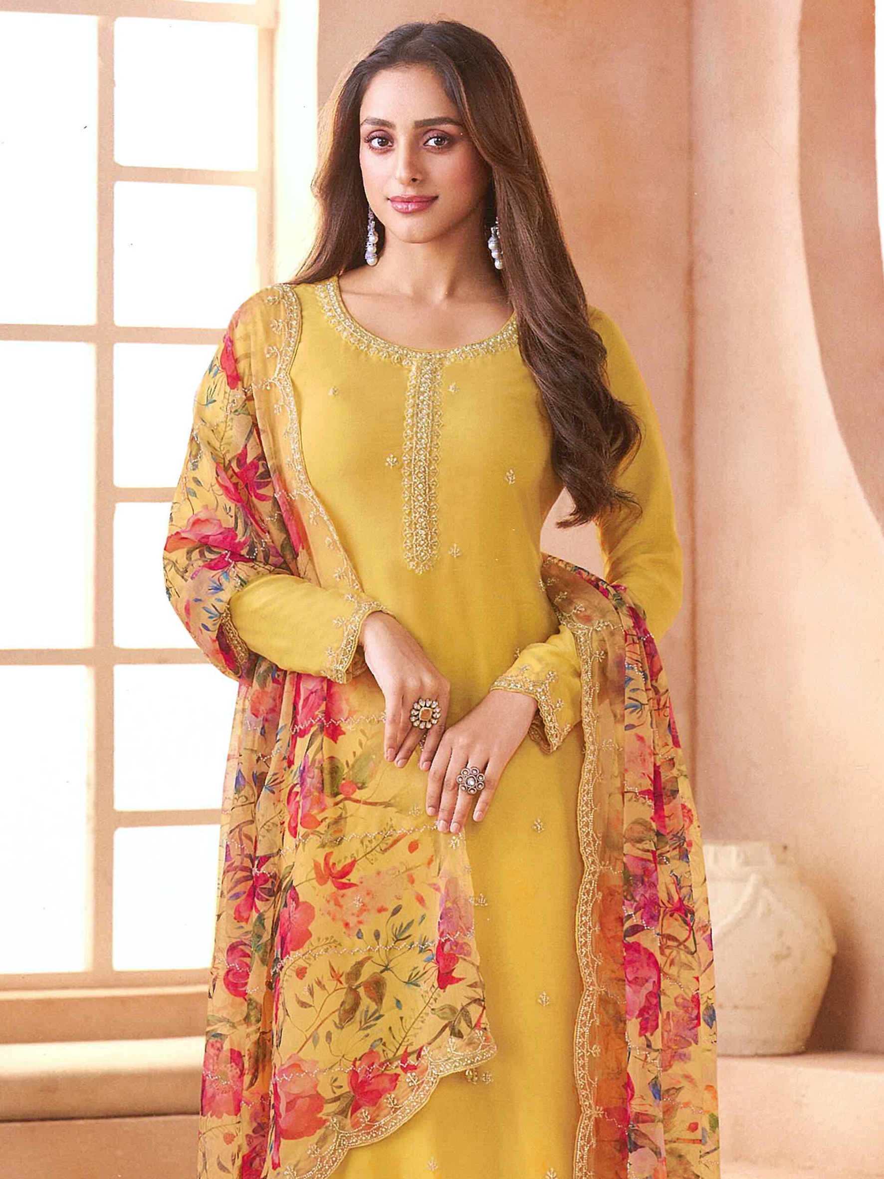Yellow Floral Embroidered Chiffon Salwar Suit — alternate view