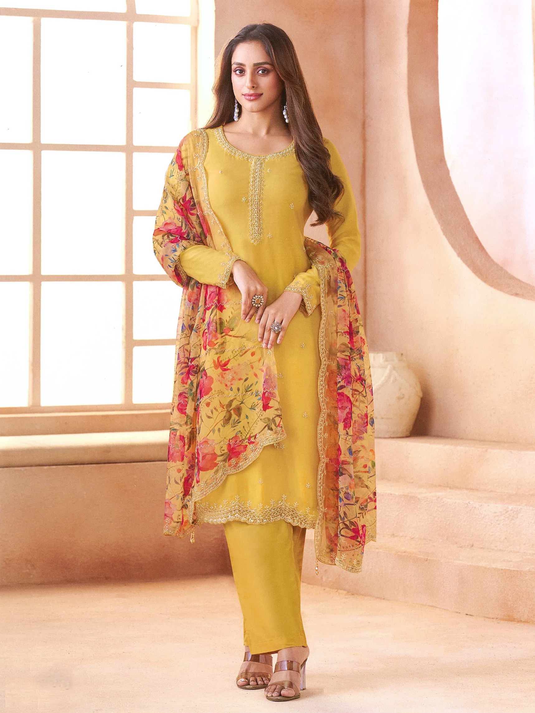 Yellow Floral Embroidered Chiffon Salwar Suit