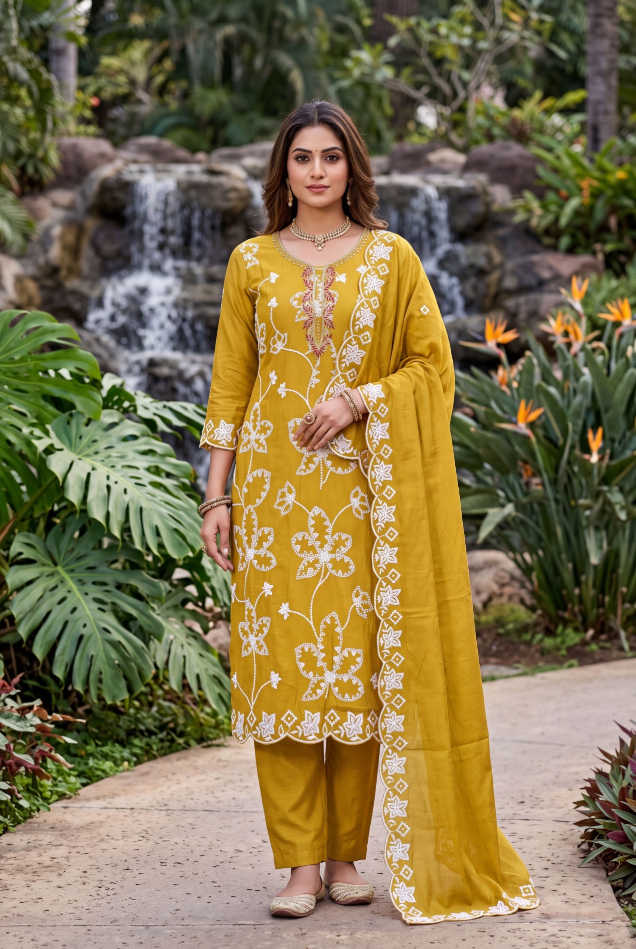 Yellow Floral Embroidered Cotton Straight Suit