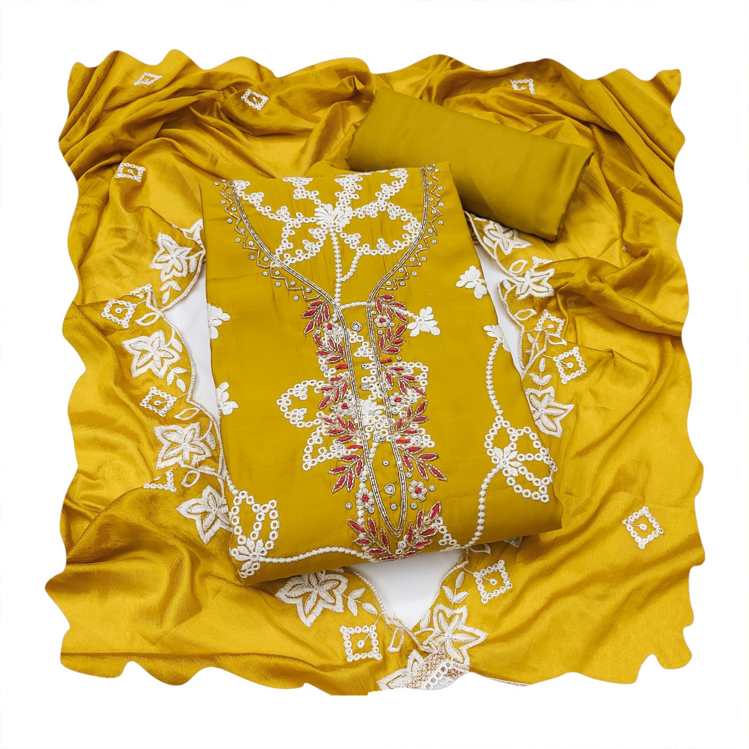 Yellow Floral Embroidered Cotton Straight Suit — alternate view