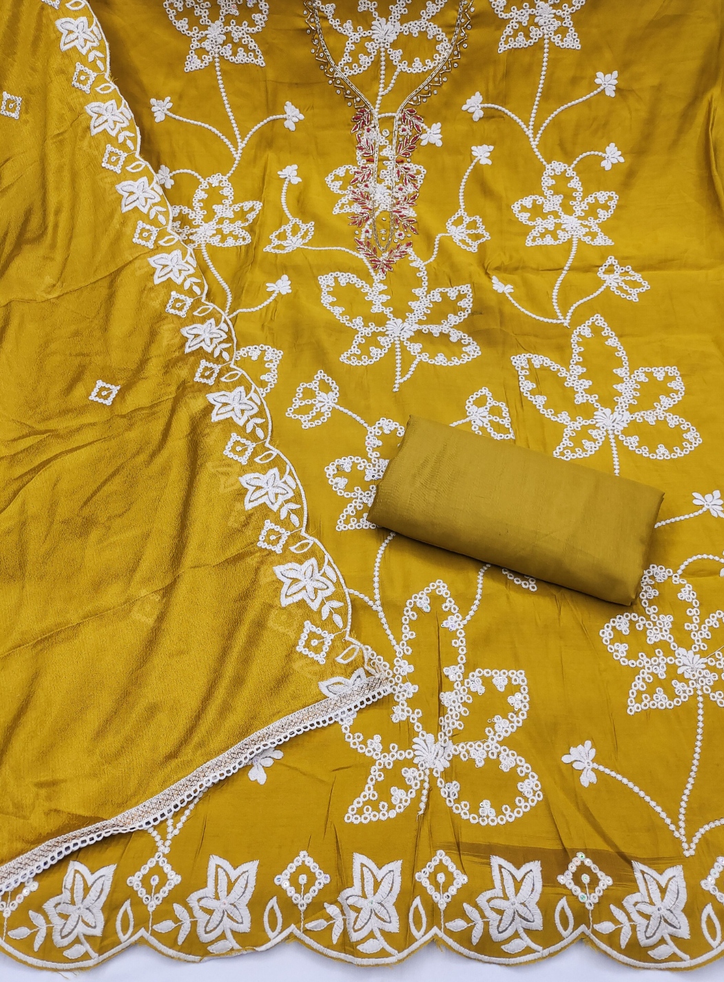 Yellow Floral Embroidered Cotton Straight Suit