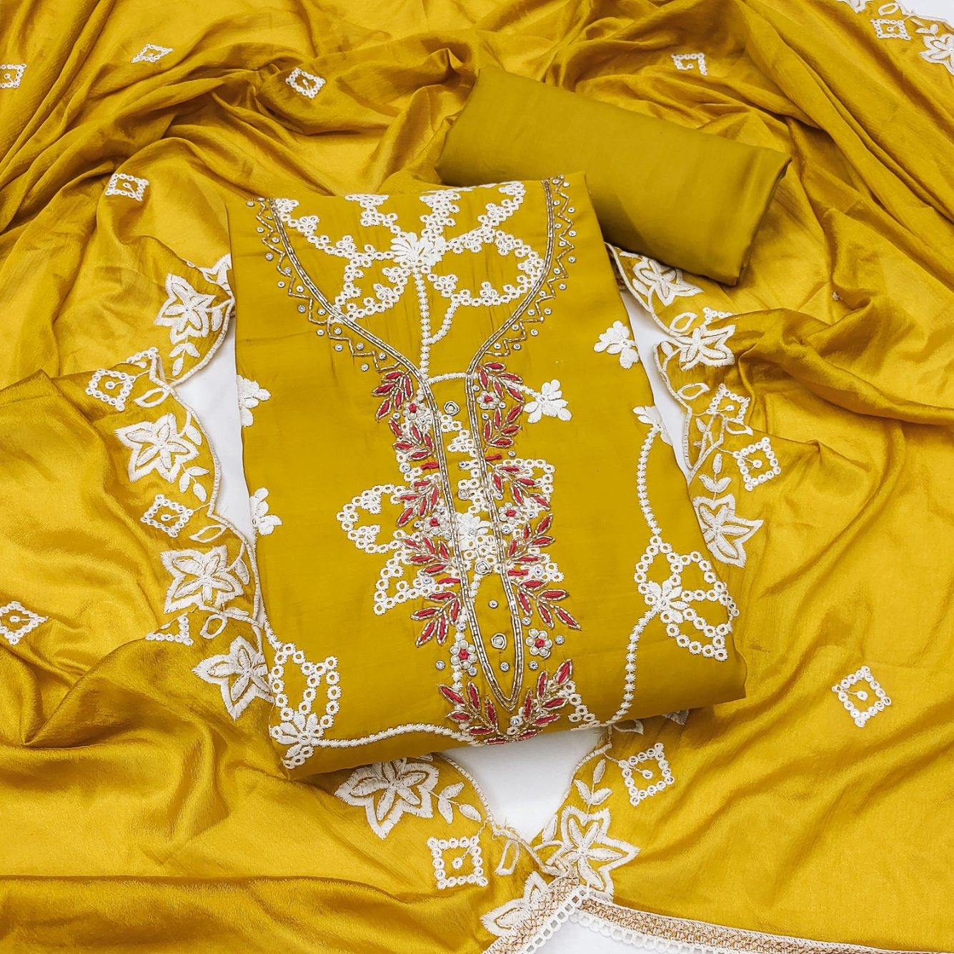Yellow Floral Embroidered Cotton Straight Suit