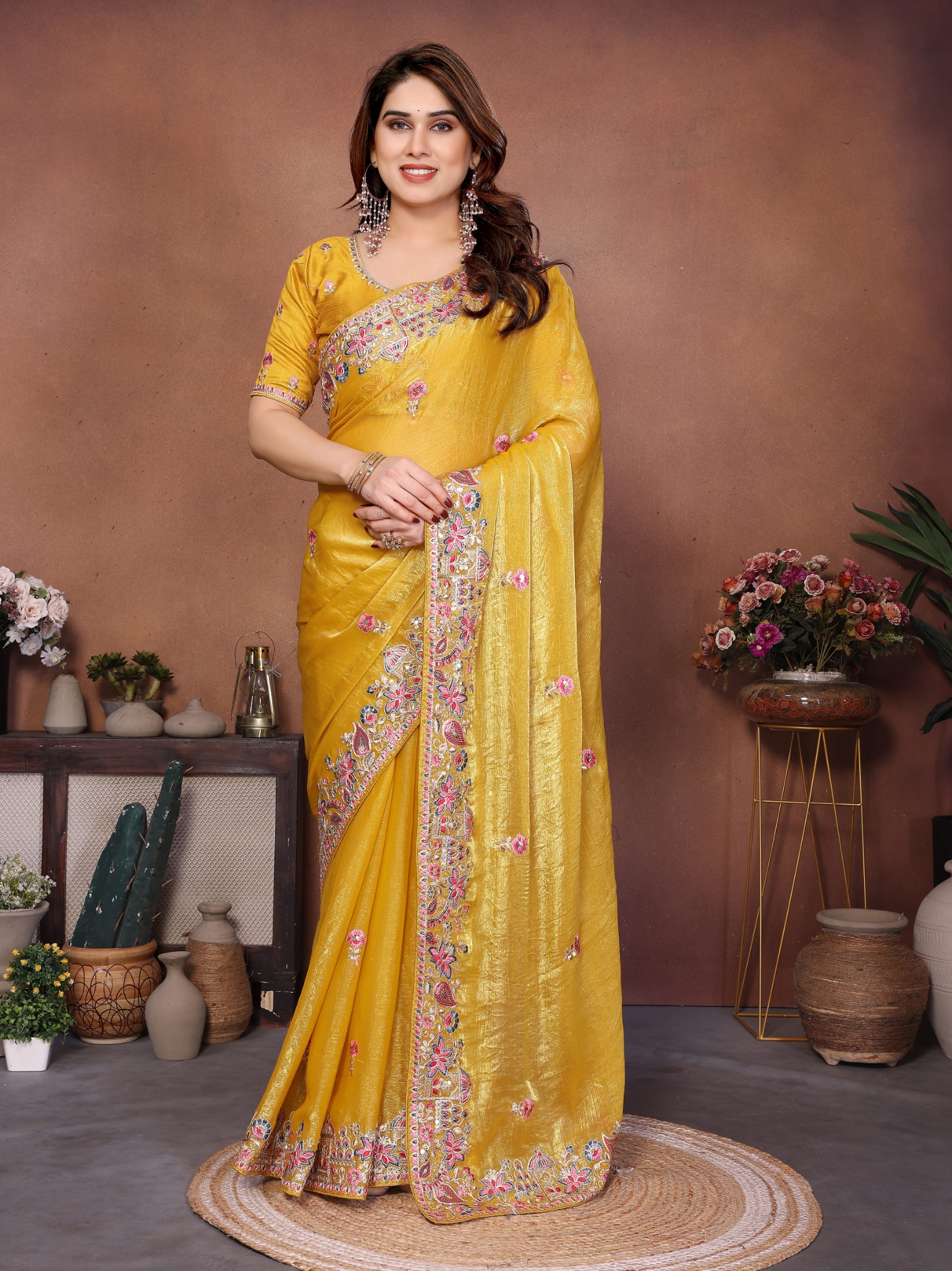 Yellow Floral Embroidered Fendy Chiffon Party Saree