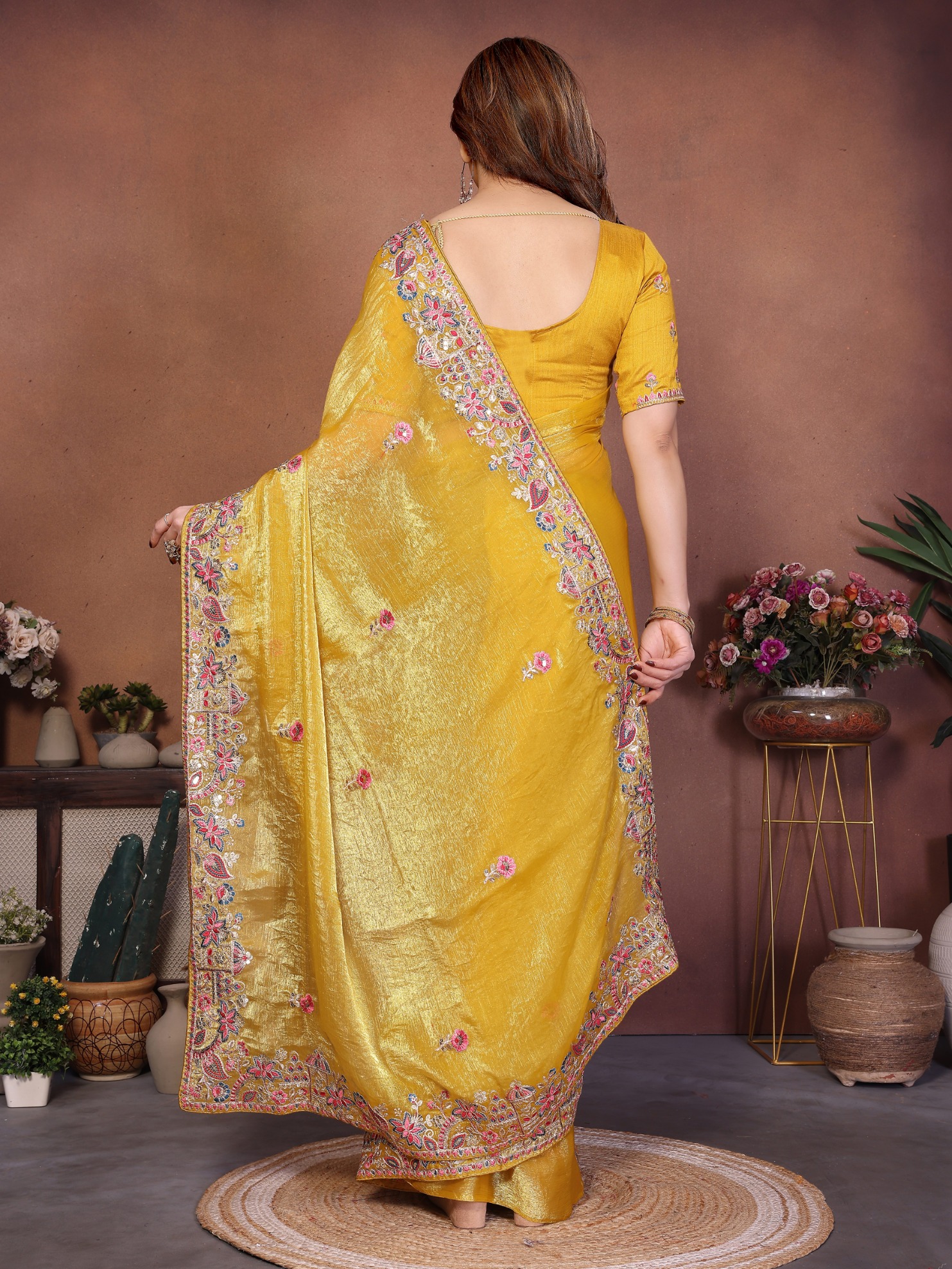 Yellow Floral Embroidered Fendy Chiffon Party Saree — alternate view