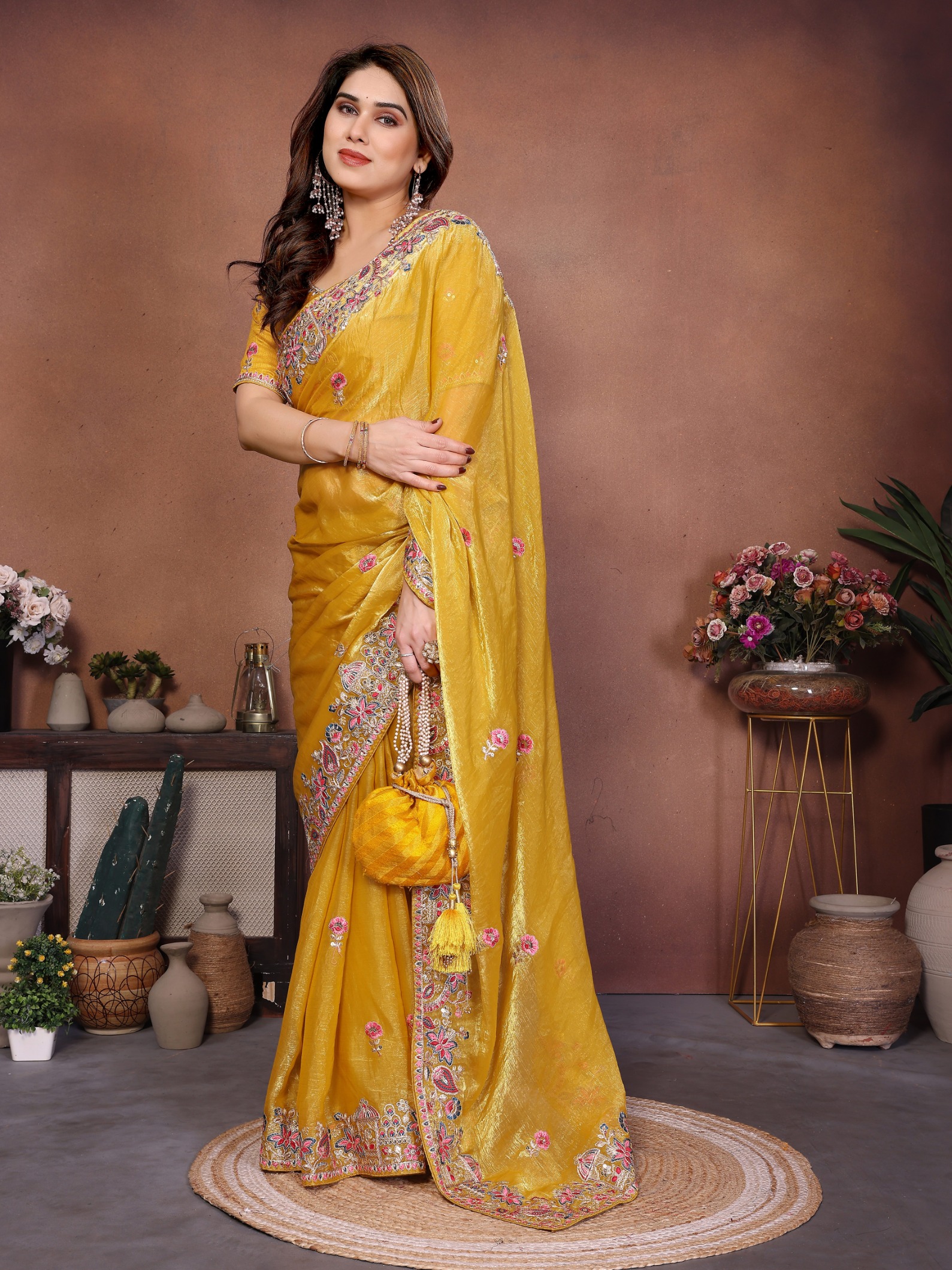 Yellow Floral Embroidered Fendy Chiffon Party Saree