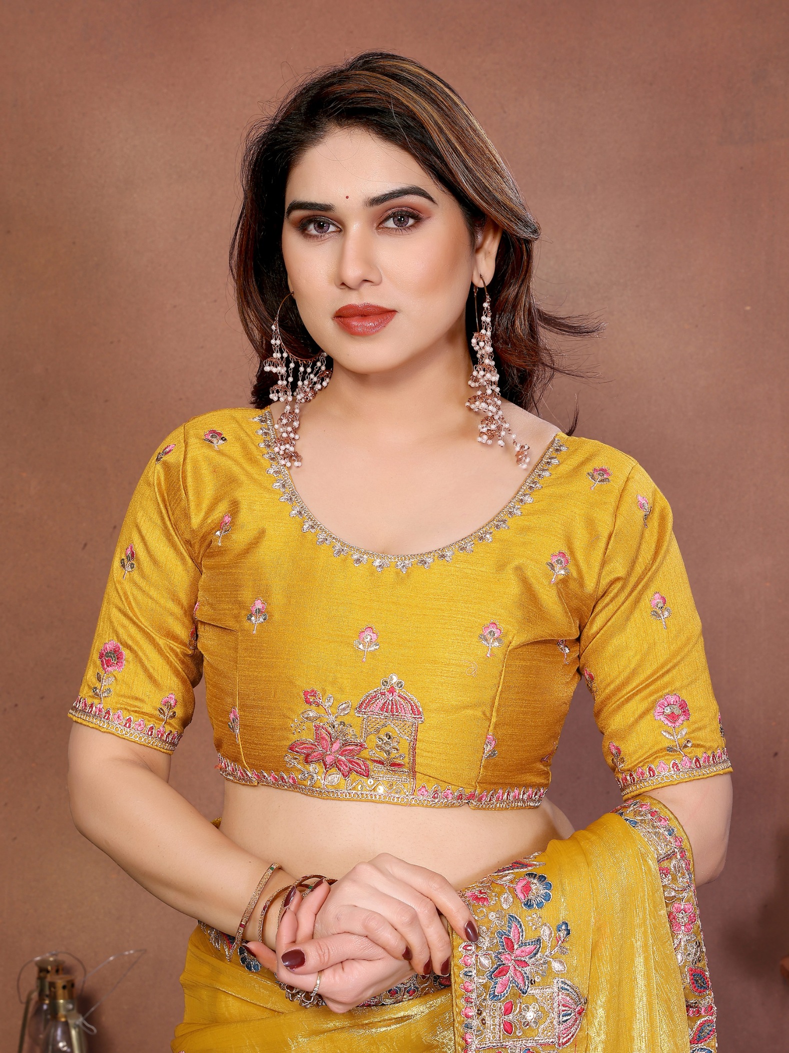 Yellow Floral Embroidered Fendy Chiffon Party Saree