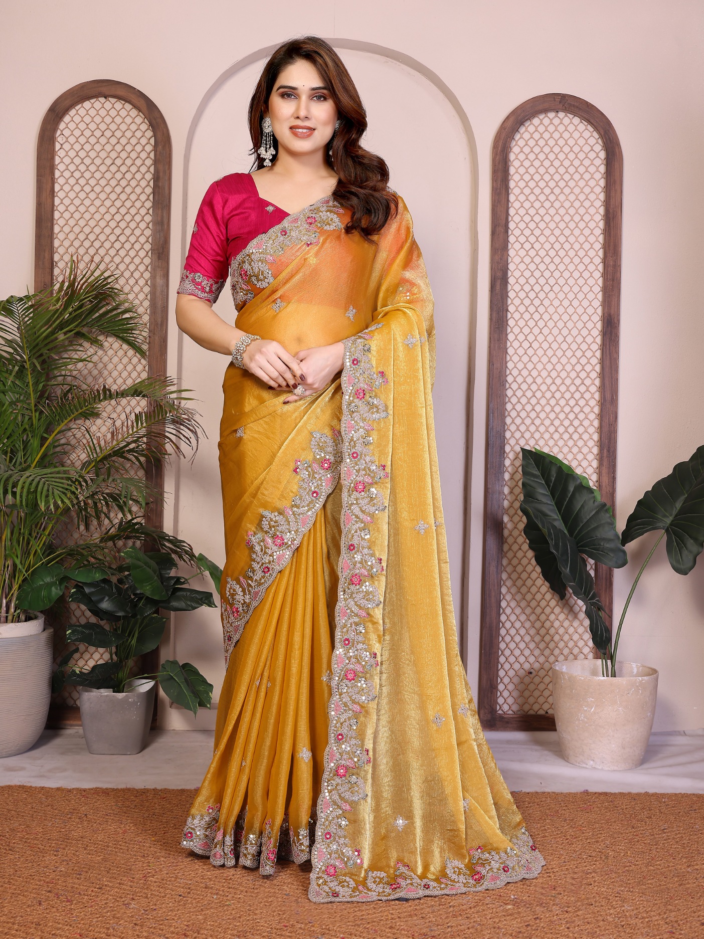 Yellow Floral Embroidered Fendy Chiffon Saree