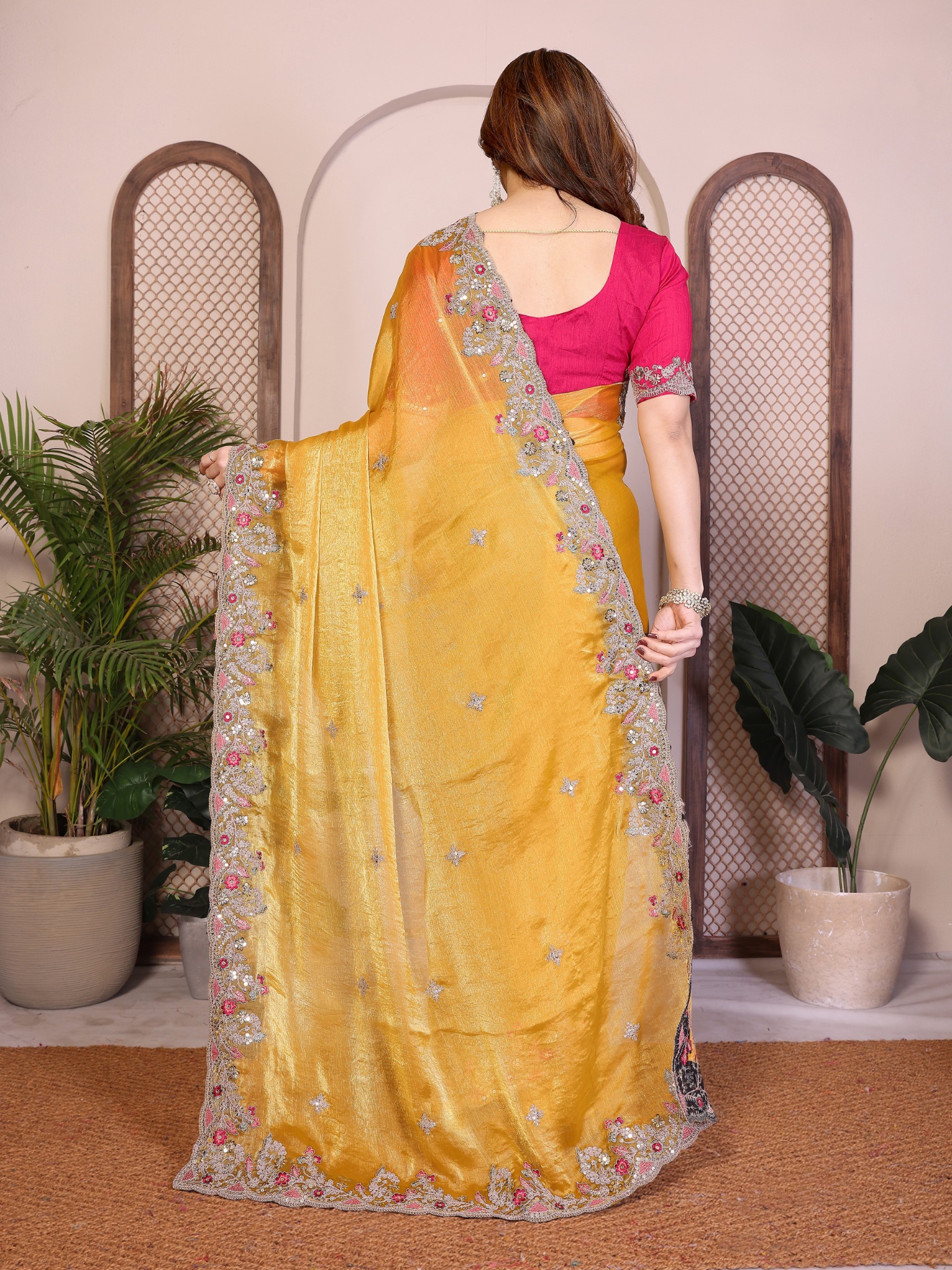 Yellow Floral Embroidered Fendy Chiffon Saree — alternate view