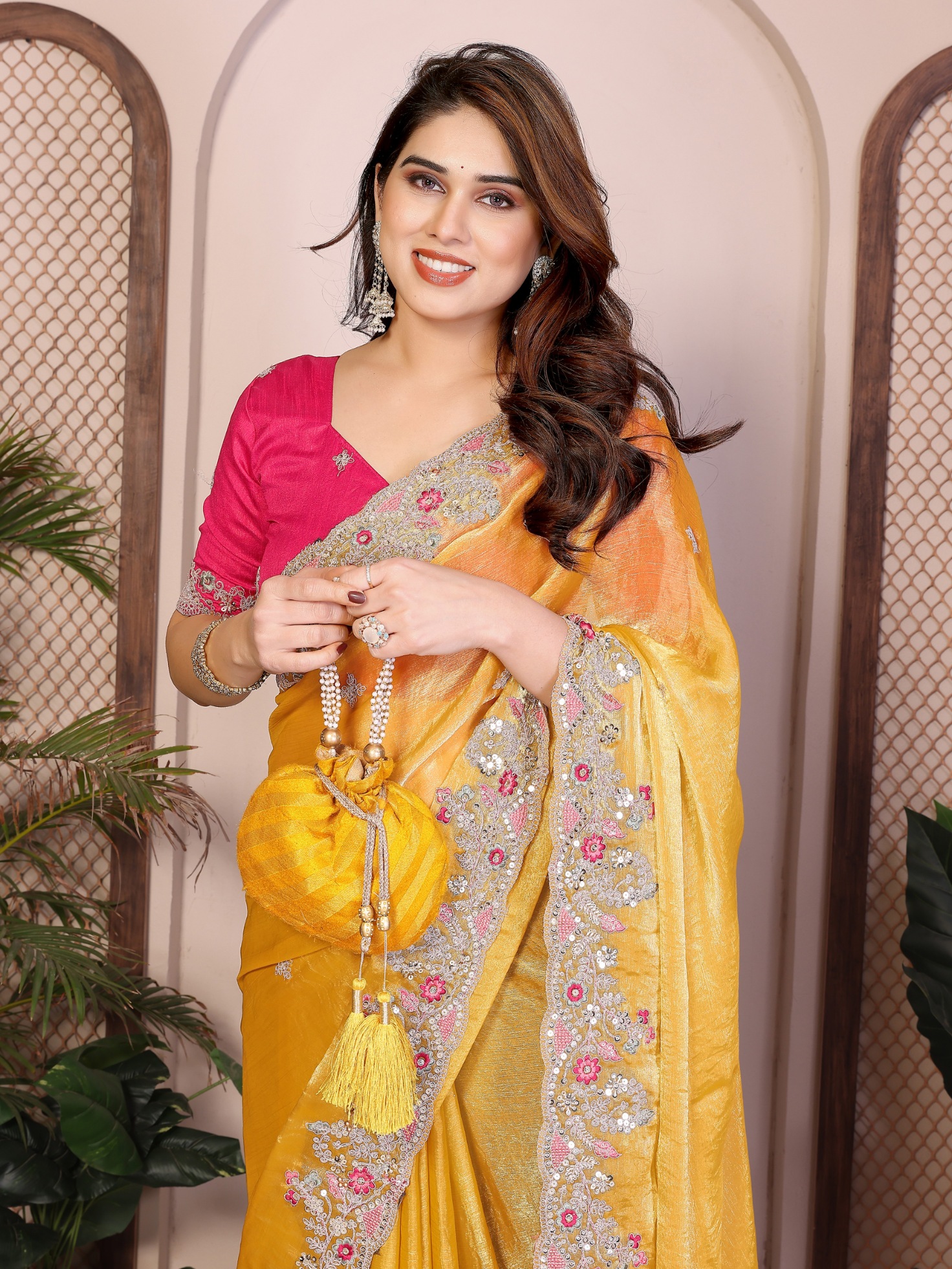 Yellow Floral Embroidered Fendy Chiffon Saree