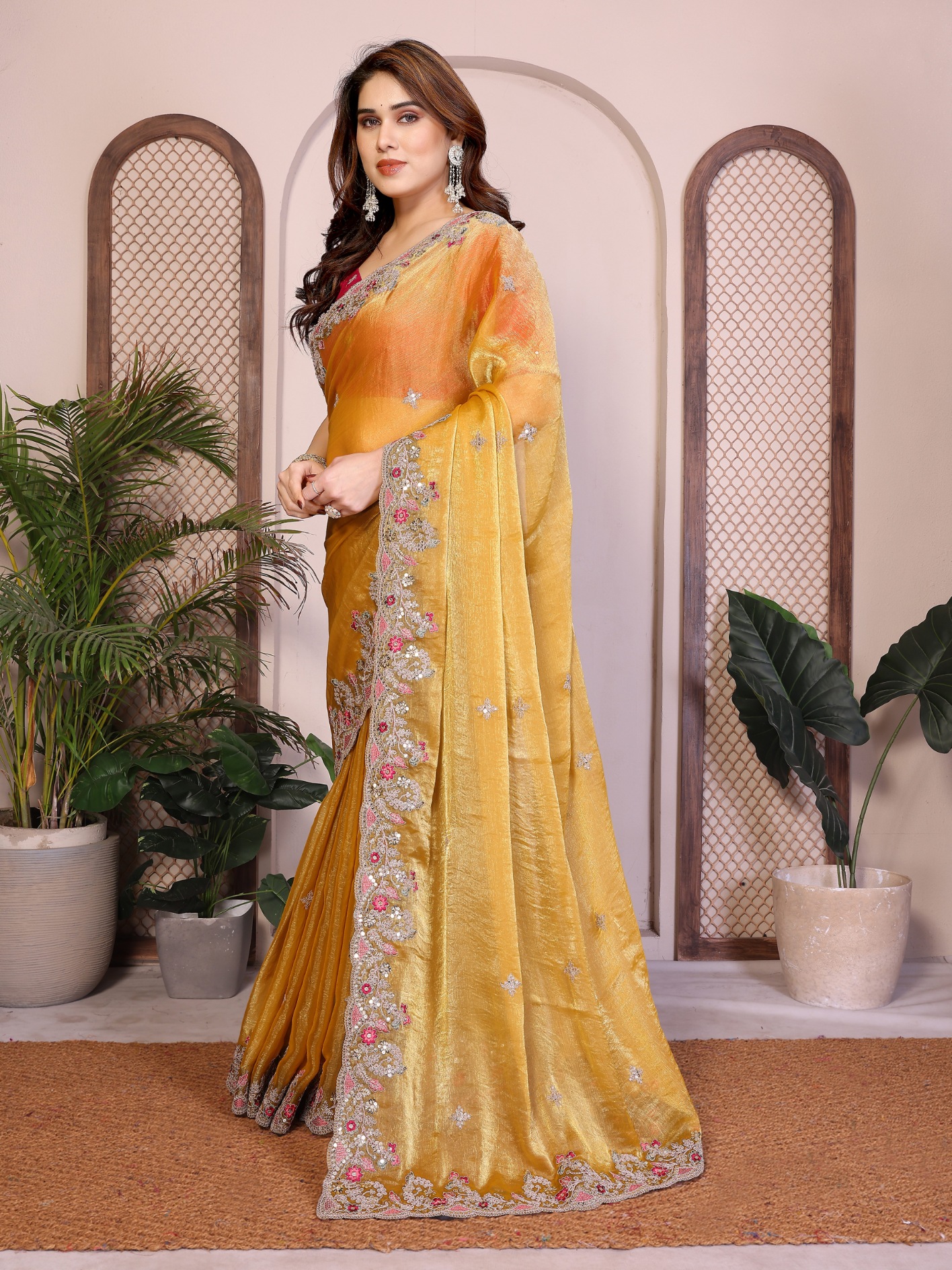 Yellow Floral Embroidered Fendy Chiffon Saree