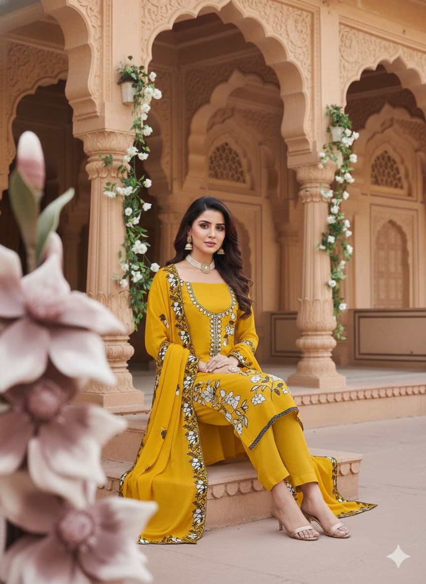 Yellow Floral Embroidered Georgette Salwar Suit — alternate view