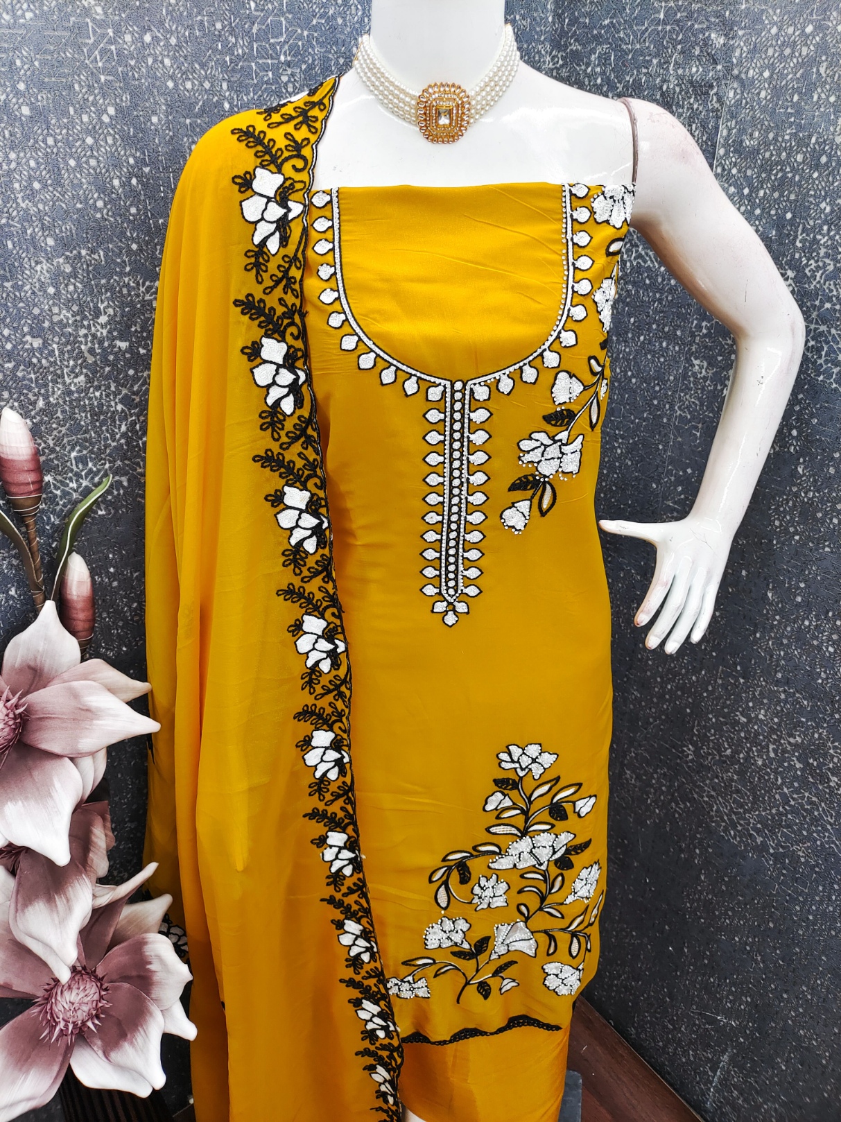 Yellow Floral Embroidered Georgette Salwar Suit