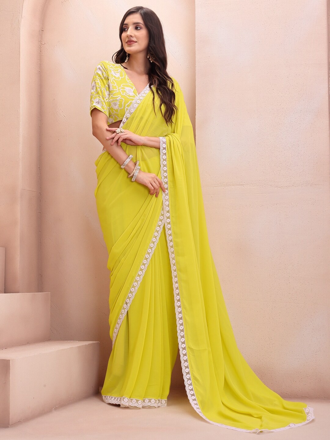 Yellow Floral Embroidered Georgette Saree
