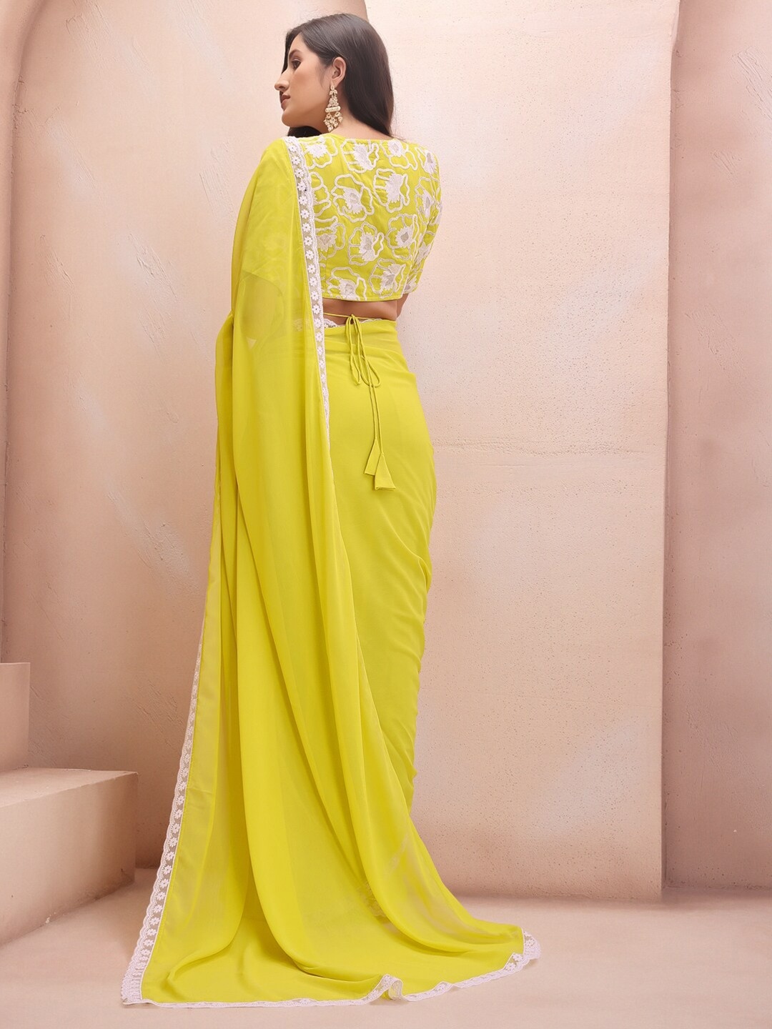 Yellow Floral Embroidered Georgette Saree — alternate view