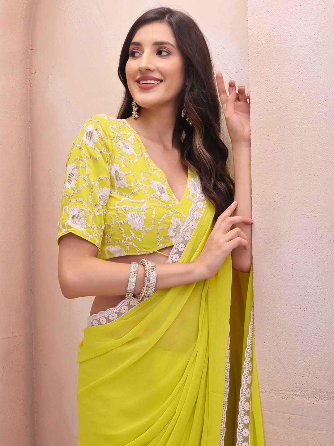 Yellow Floral Embroidered Georgette Saree