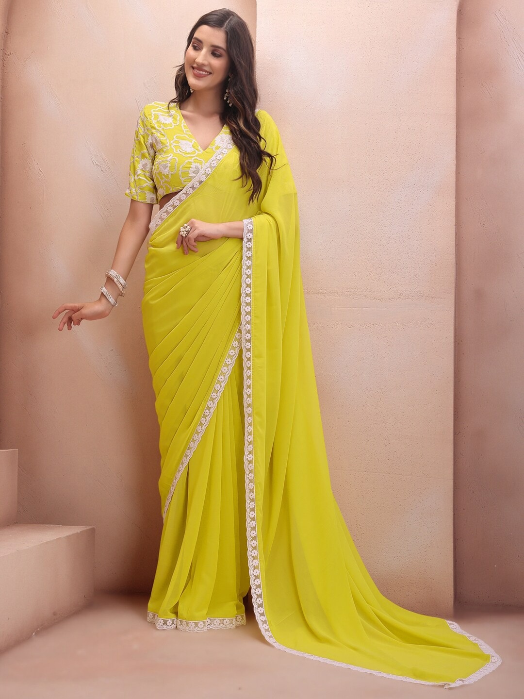 Yellow Floral Embroidered Georgette Saree