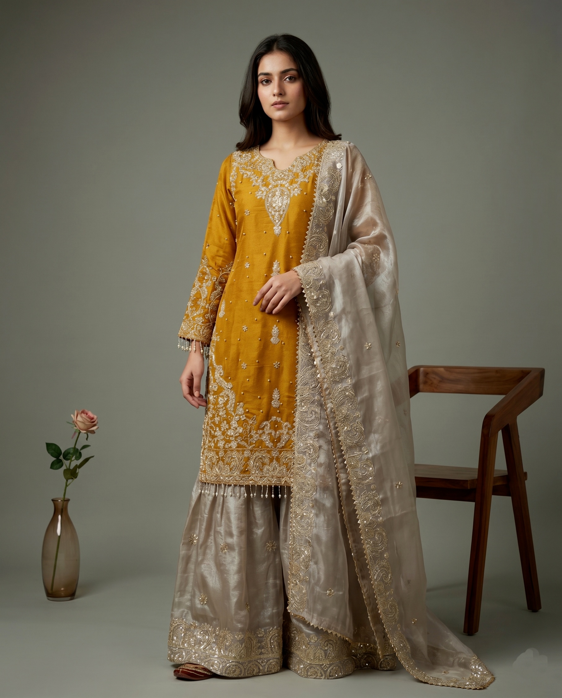 Yellow Floral Embroidered Gmy Silk Straight Sharara Suit