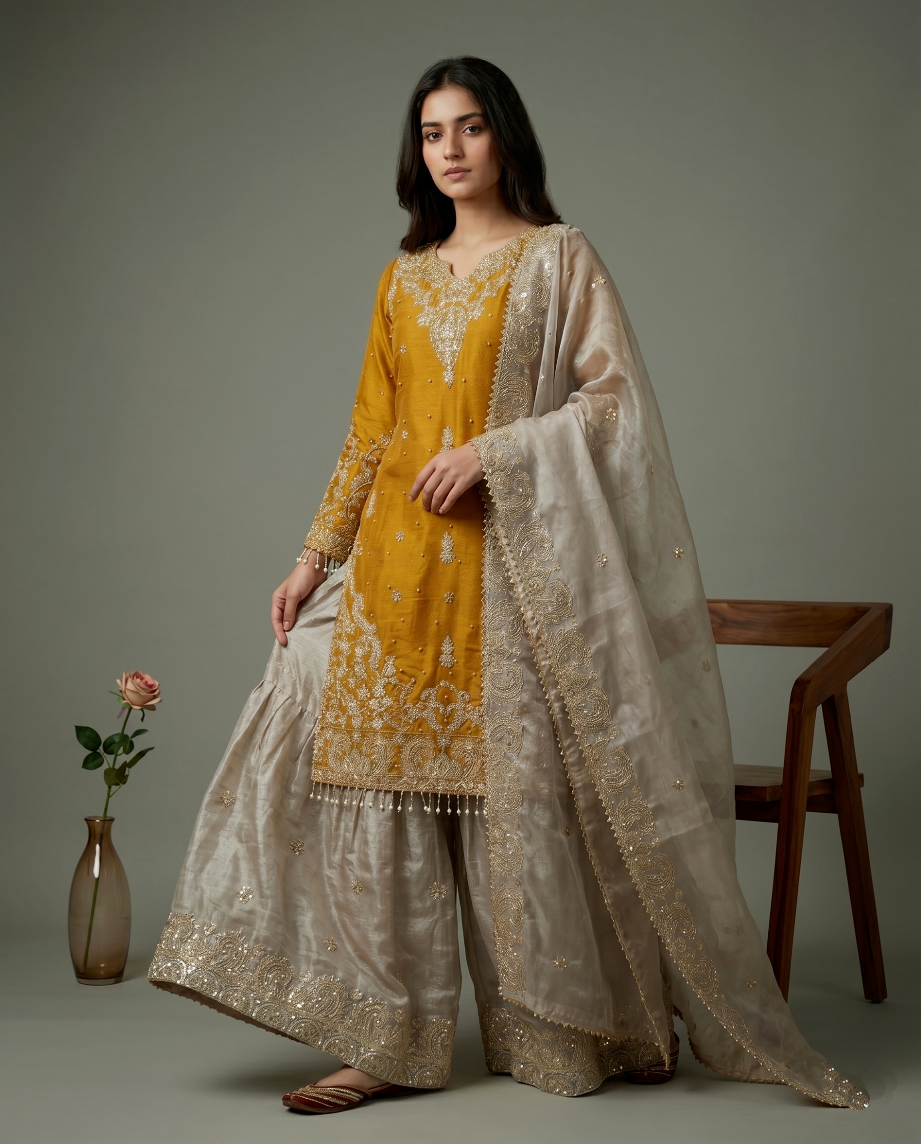 Yellow Floral Embroidered Gmy Silk Straight Sharara Suit — alternate view