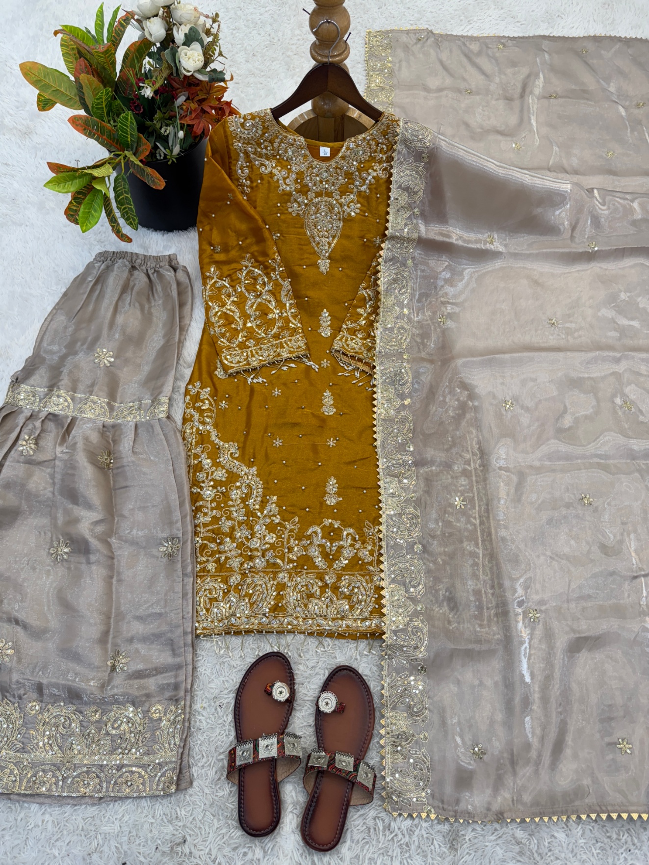 Yellow Floral Embroidered Gmy Silk Straight Sharara Suit