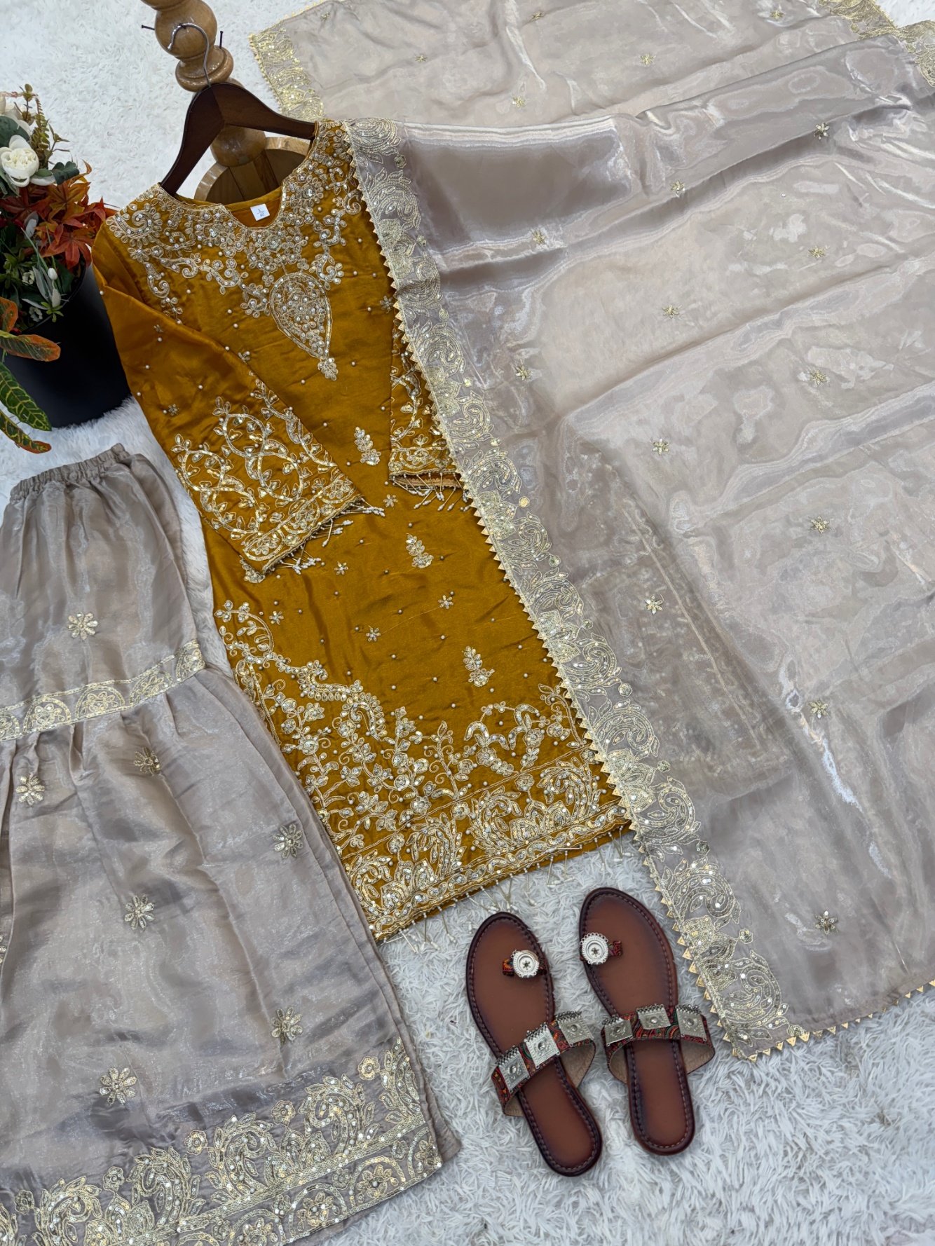 Yellow Floral Embroidered Gmy Silk Straight Sharara Suit