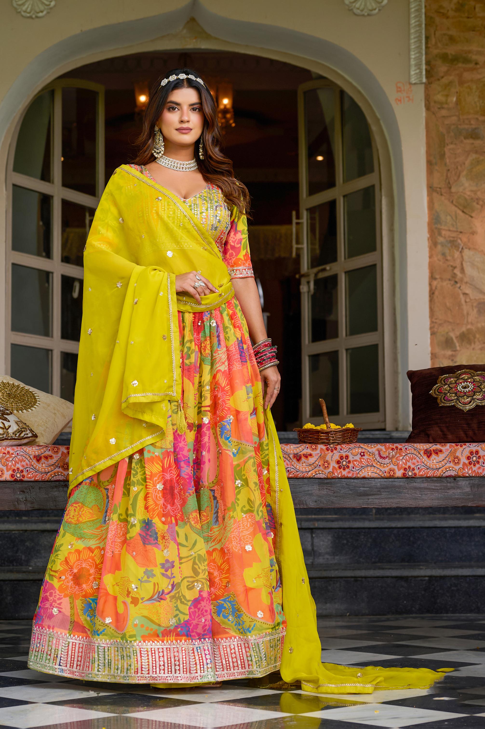 Yellow Floral Embroidered Organza Lehenga Choli