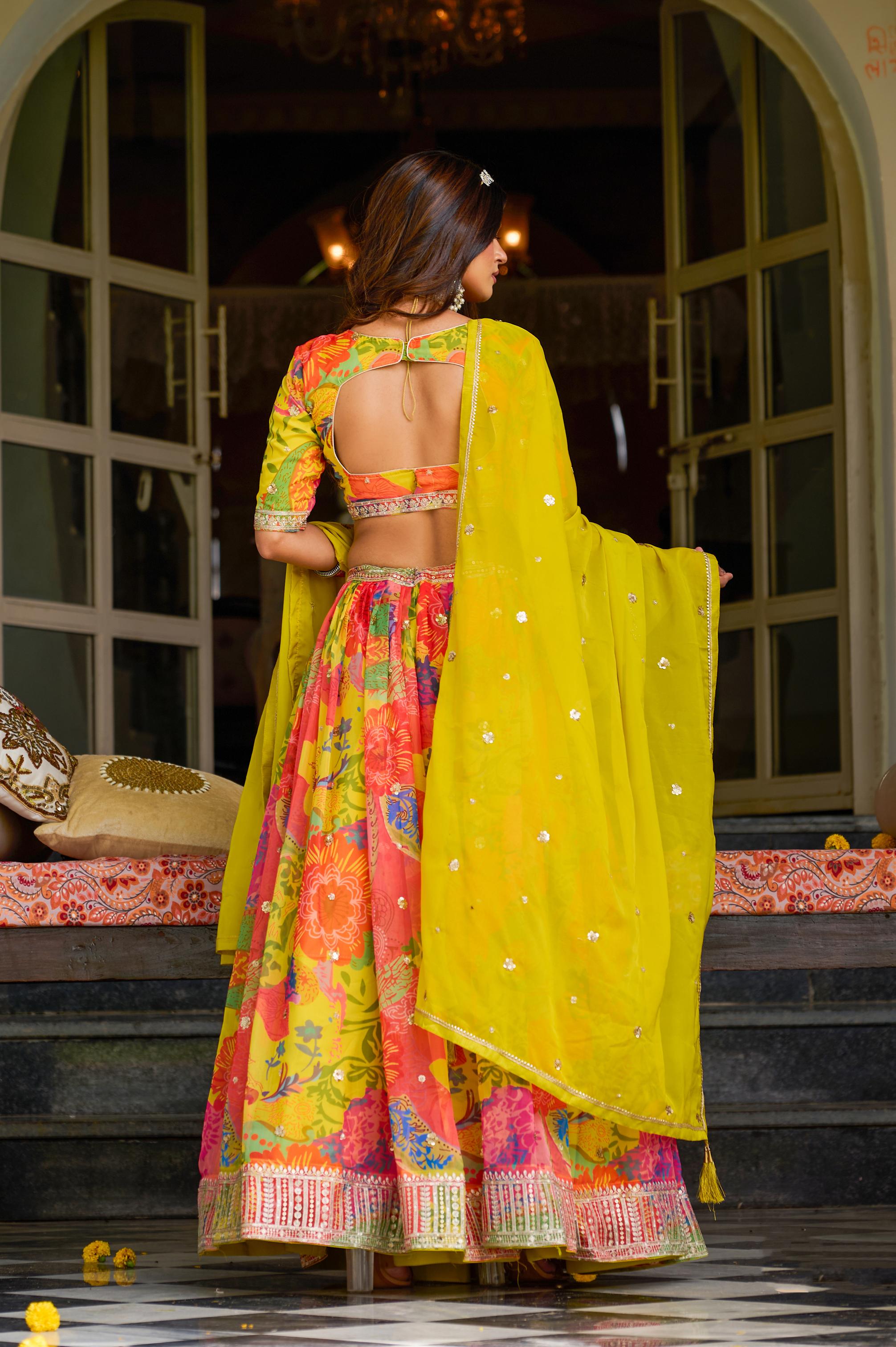 Yellow Floral Embroidered Organza Lehenga Choli — alternate view