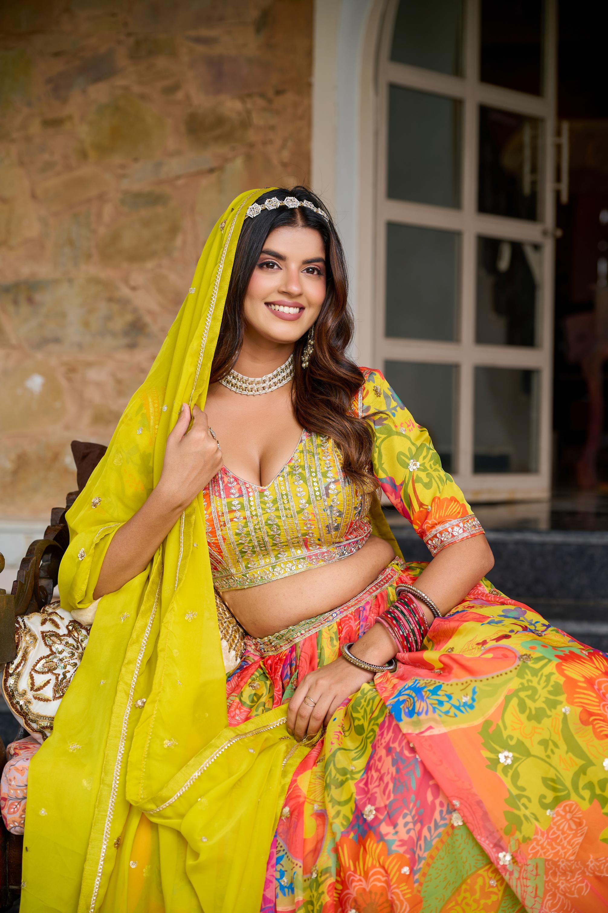 Yellow Floral Embroidered Organza Lehenga Choli
