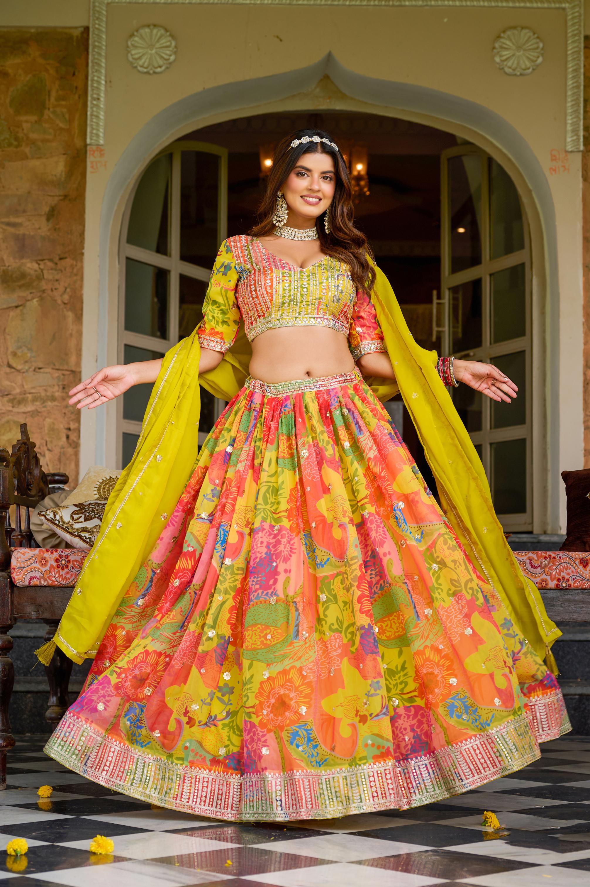 Yellow Floral Embroidered Organza Lehenga Choli