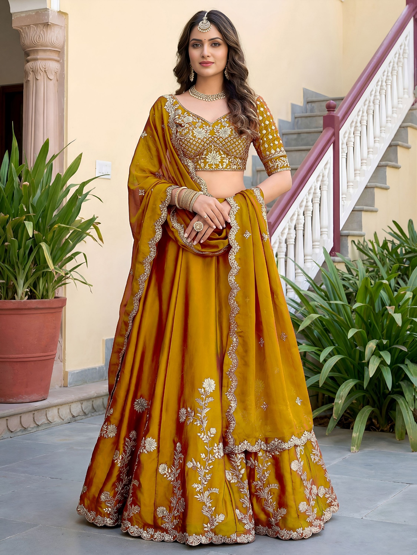 Yellow Floral Embroidered Rangoli Silk Lehenga Choli
