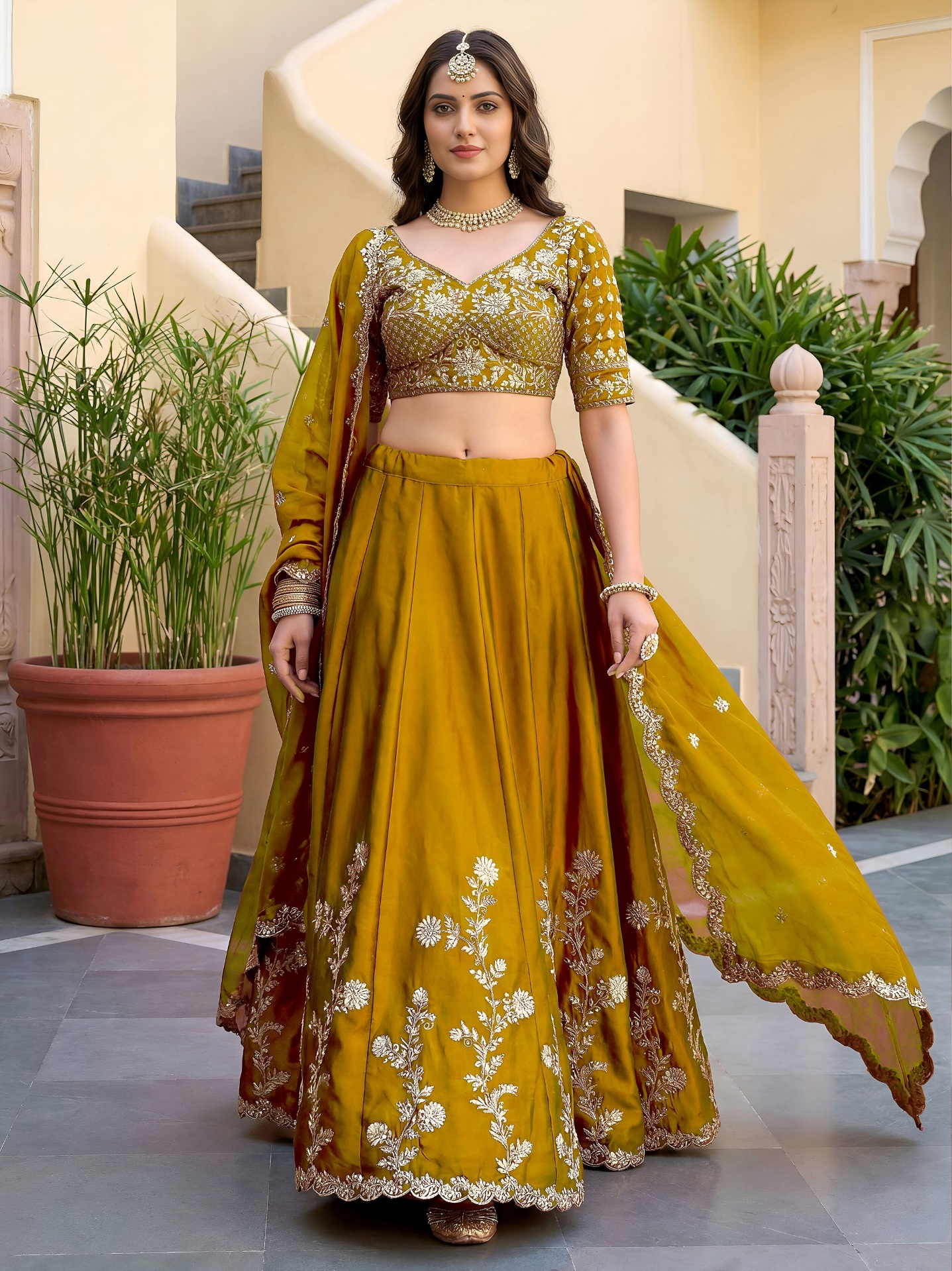 Yellow Floral Embroidered Rangoli Silk Lehenga Choli