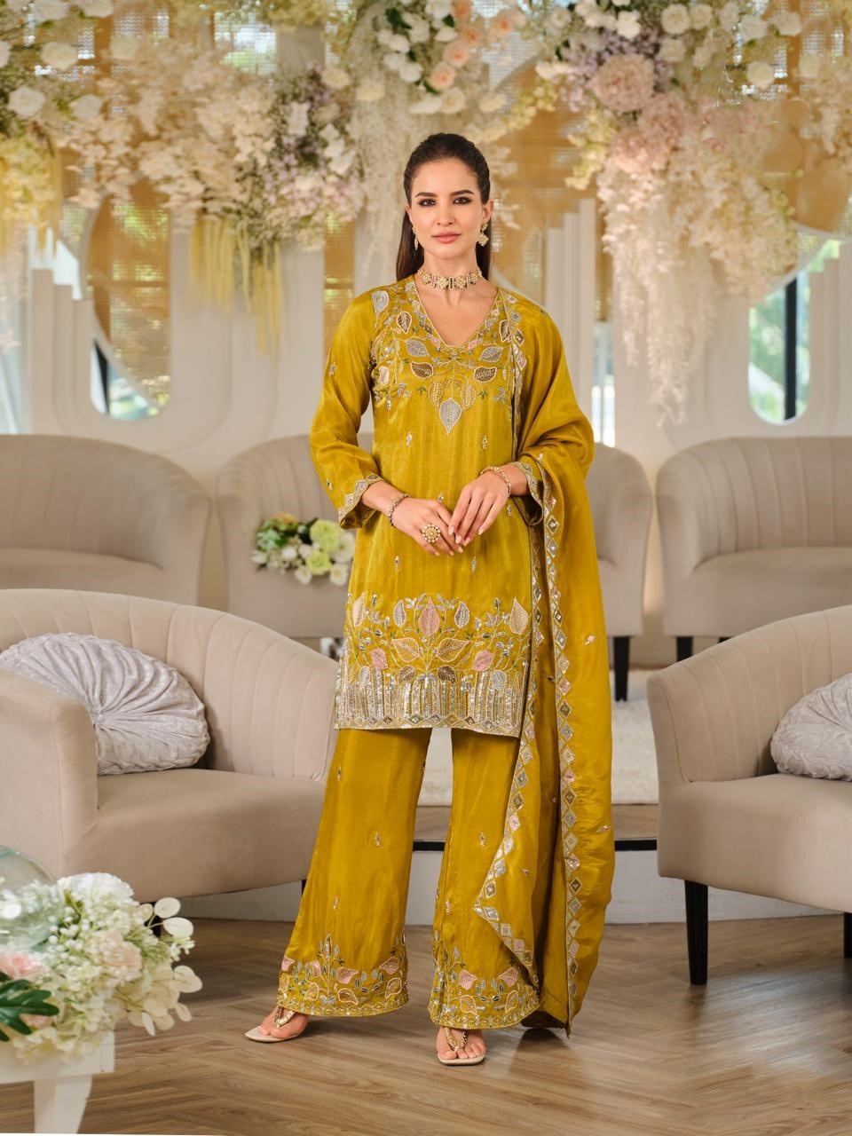 Yellow Floral Embroidered Roman Silk Palazzo Suit