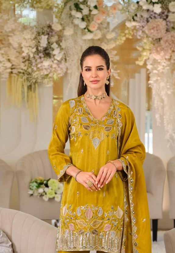 Yellow Floral Embroidered Roman Silk Palazzo Suit — alternate view
