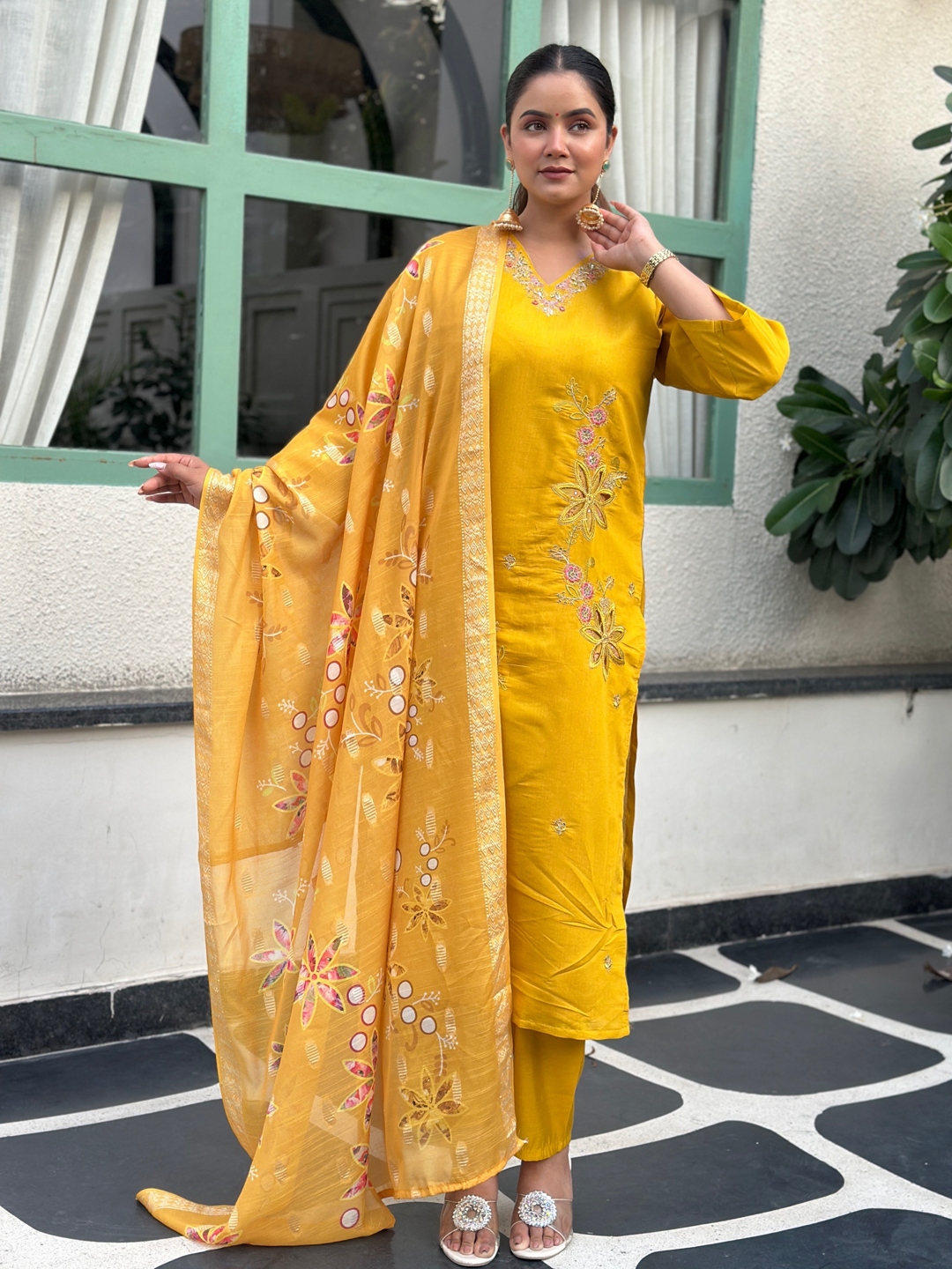 Yellow Floral Embroidered Silk Blend Straight Suit